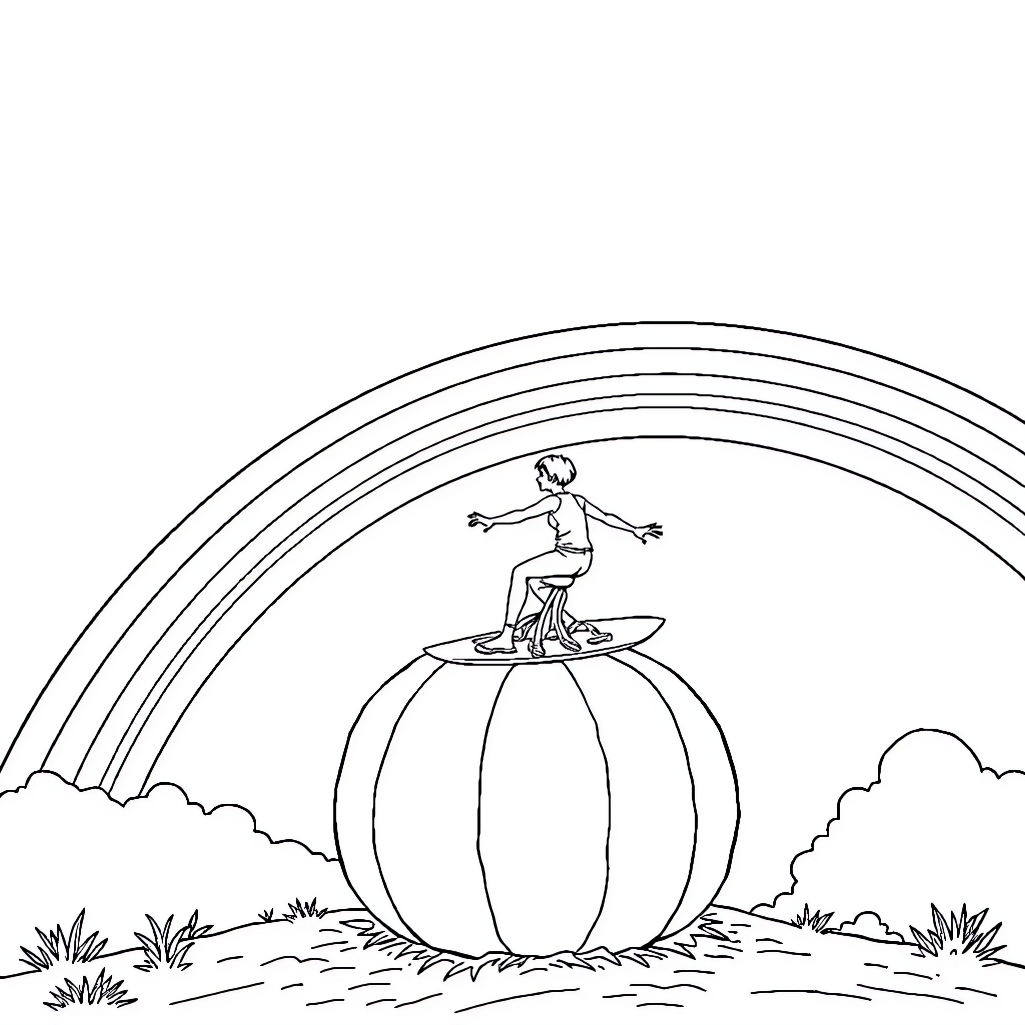 Pumpkin surfer riding waves in autumn landscape Coloring Page (free black-and-white line drawing printable PDF for all, from beginners to advanced learners, including children, teens, adults, and seniors)