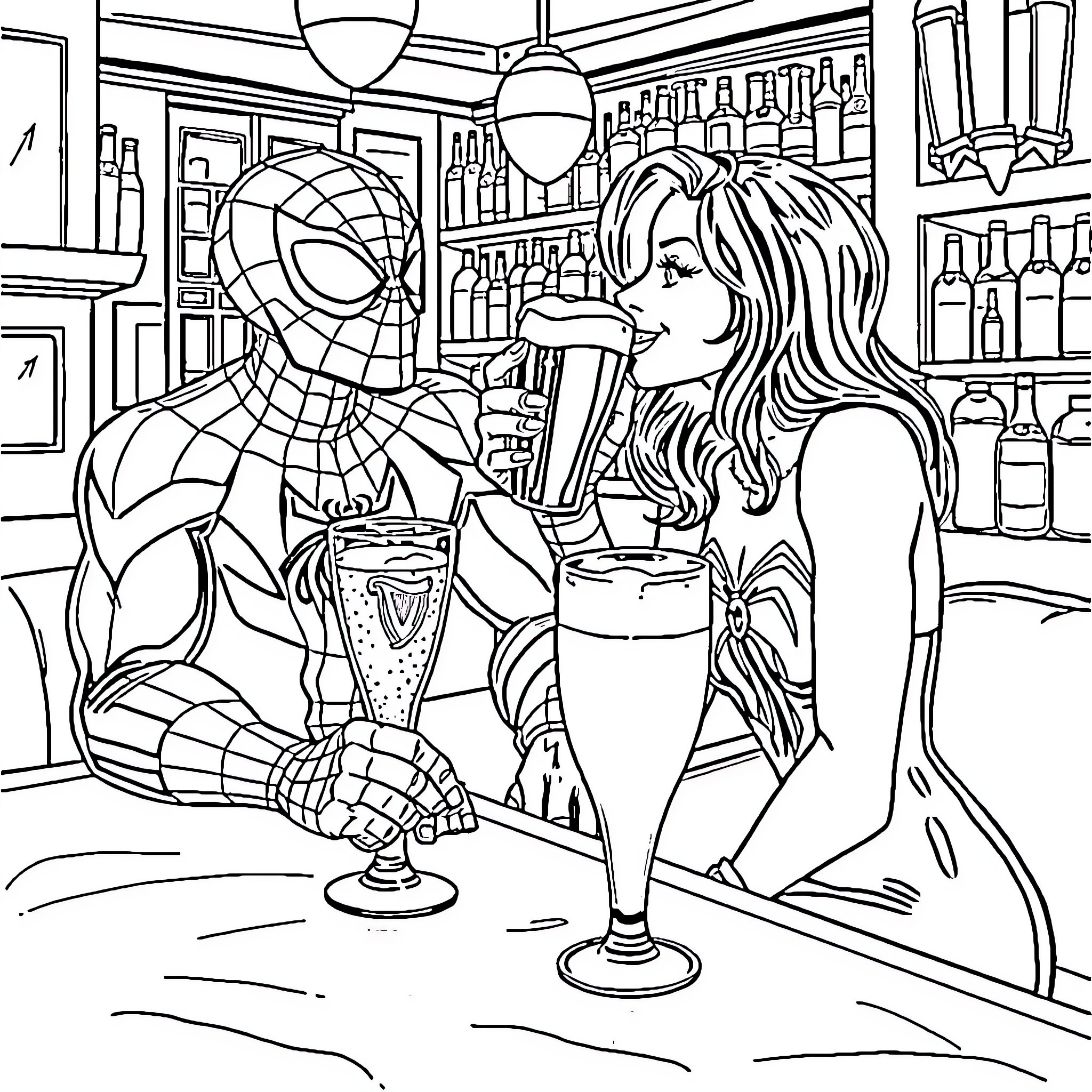 Spiderman enjoying drinks with a woman in a bar Coloring Page (free black-and-white line drawing printable PDF for all, from beginners to advanced learners, including children, teens, adults, and seniors)