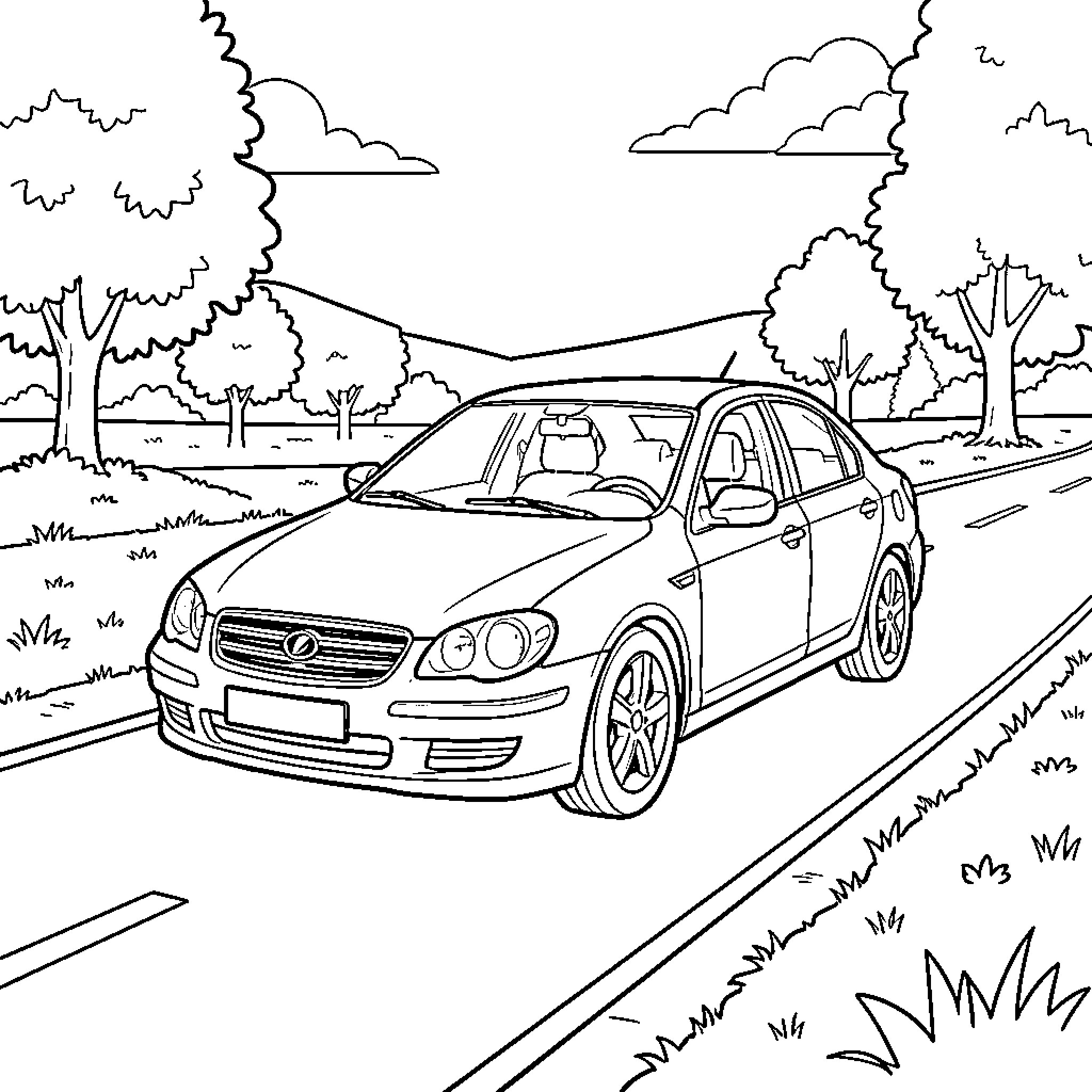 Car driving along a scenic road through trees Coloring Page (free black-and-white line drawing printable PDF for all, from beginners to advanced learners, including children, teens, adults, and seniors)