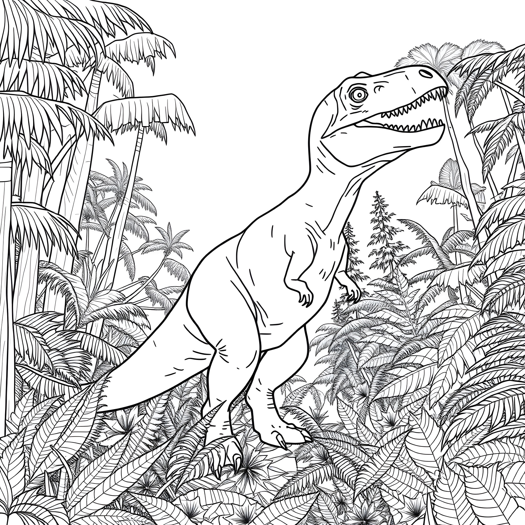 T-Rex stomping through the prehistoric jungle Coloring Page (free black-and-white line drawing printable PDF for all, from beginners to advanced learners, including children, teens, adults, and seniors)
