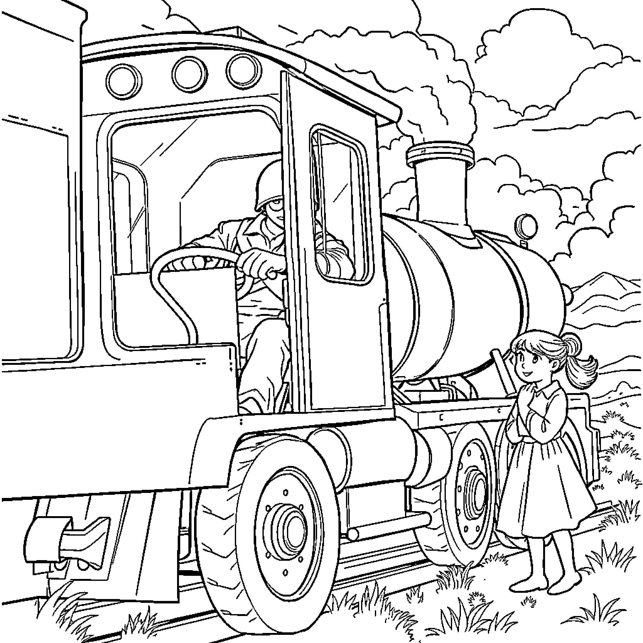 Bombero rescuing people from train in distress Coloring Page (free black-and-white line drawing printable PDF for all, from beginners to advanced learners, including children, teens, adults, and seniors)
