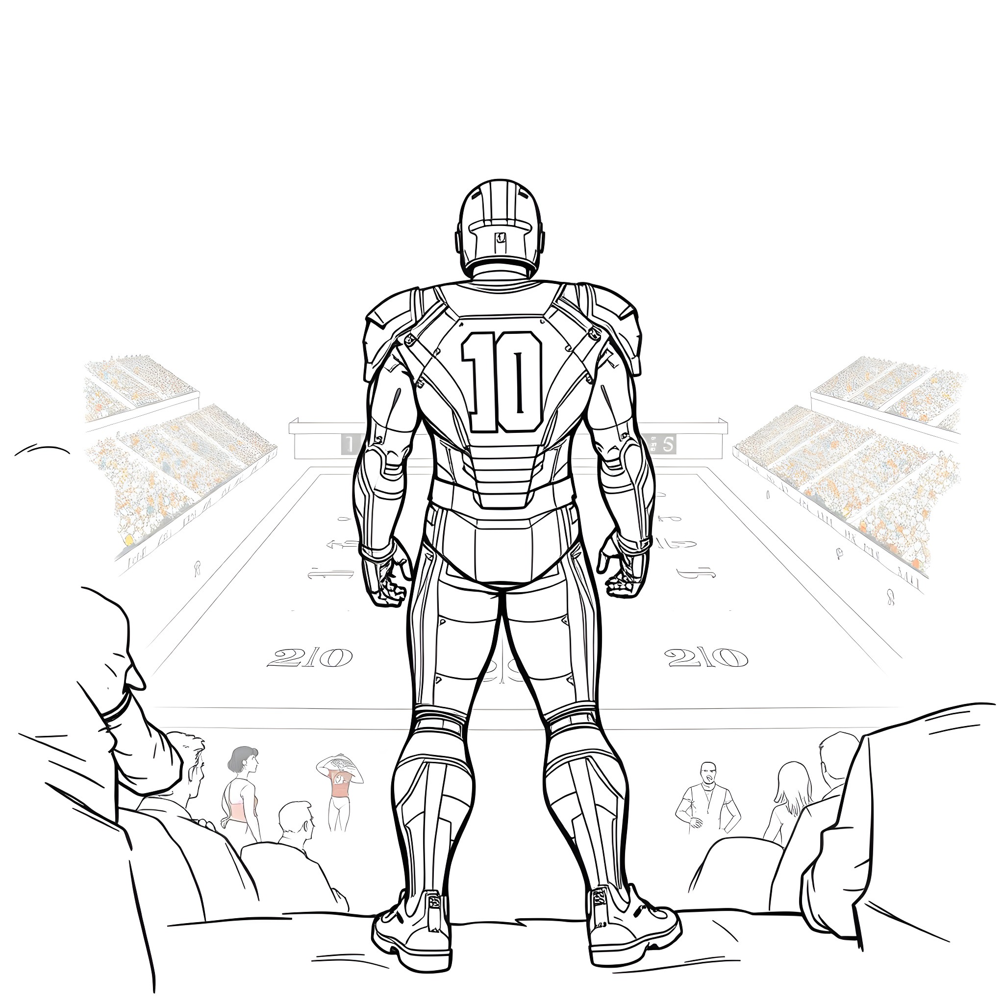 Ironman entering the field in a heroic pose Coloring Page (free black-and-white line drawing printable PDF for all, from beginners to advanced learners, including children, teens, adults, and seniors)