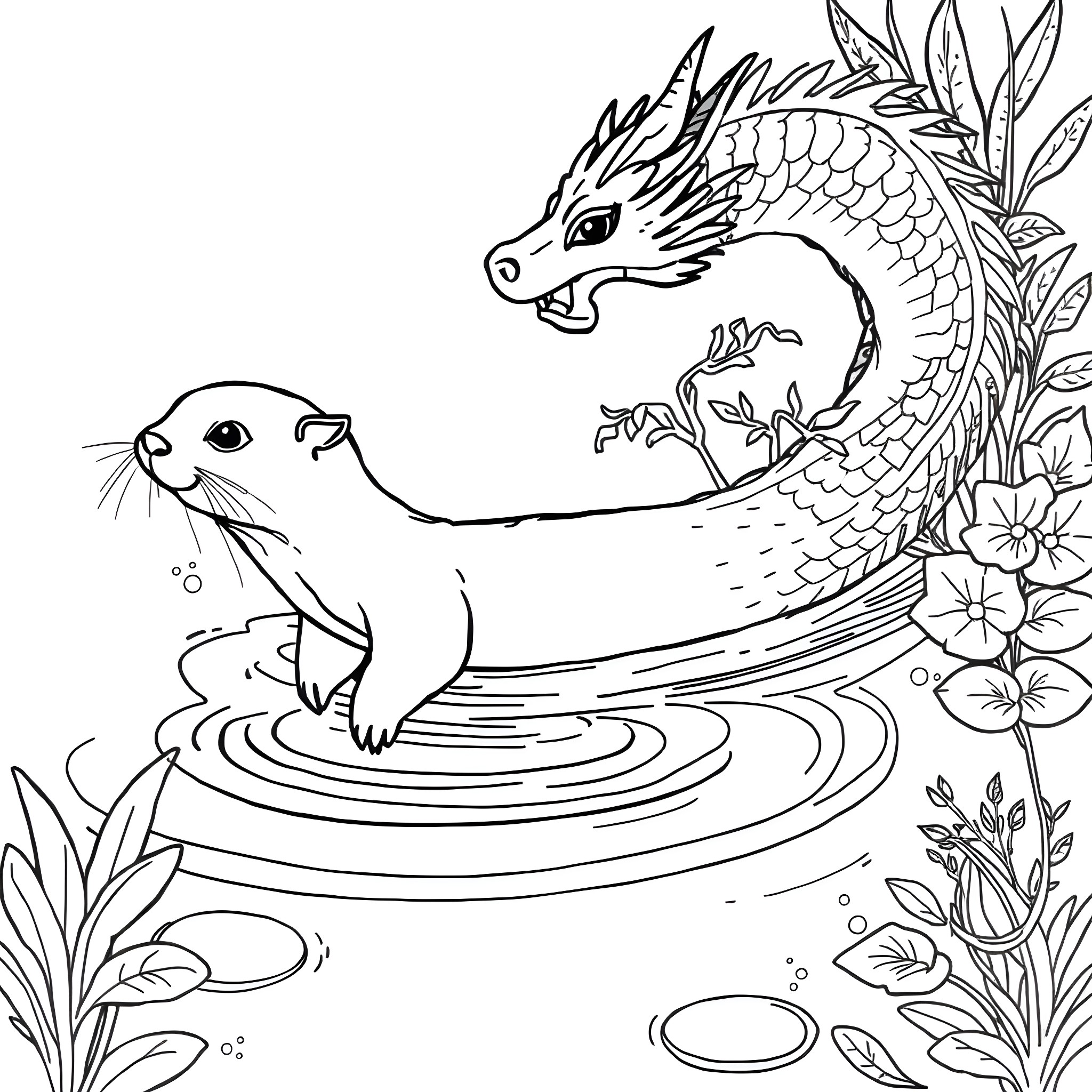 Otter Playing with Colorful Dragon in Aquatic Garden Coloring Page (free black-and-white line drawing printable PDF for all, from beginners to advanced learners, including children, teens, adults, and seniors)