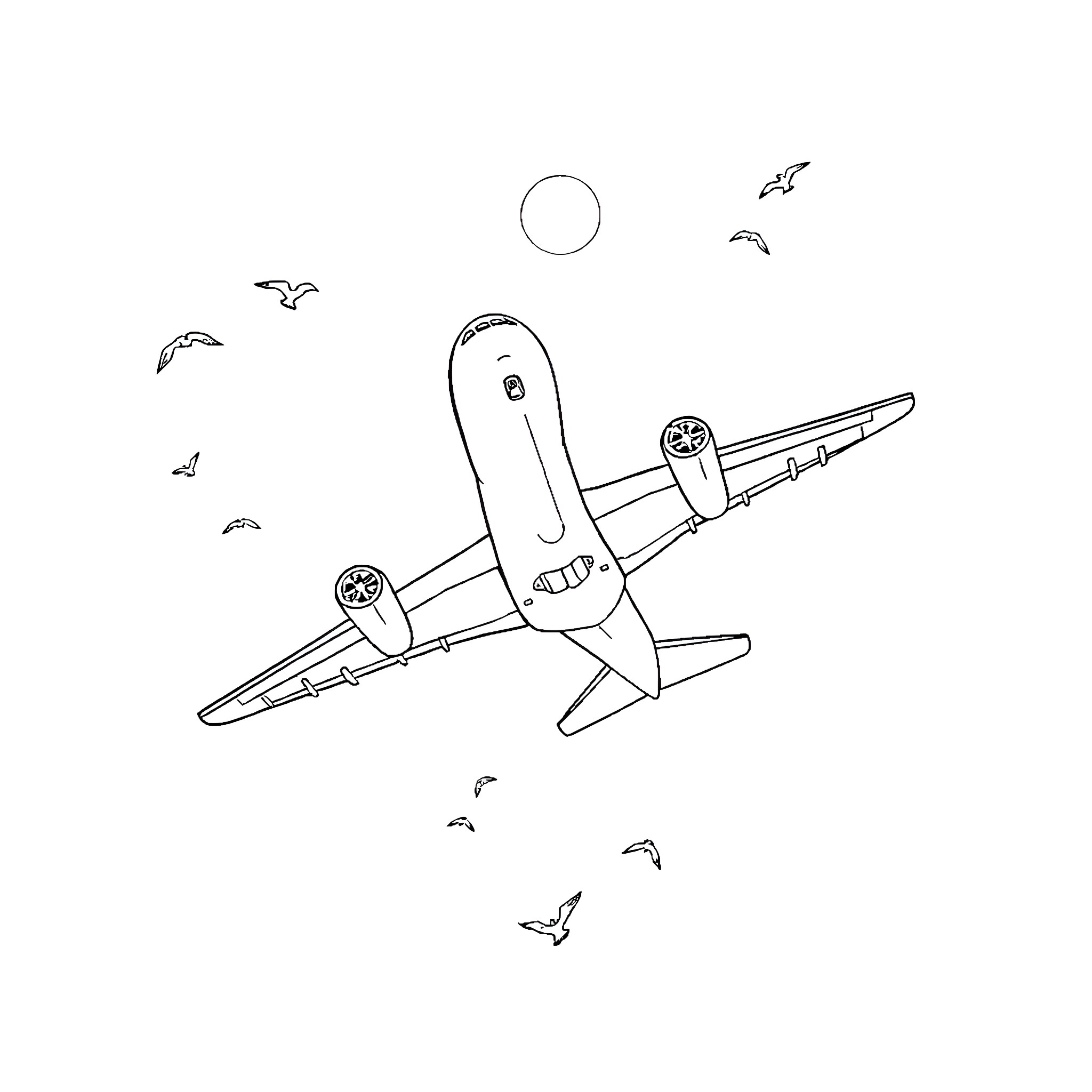 Aeroplane soaring through the sky with birds Coloring Page (free black-and-white line drawing printable PDF for all, from beginners to advanced learners, including children, teens, adults, and seniors)