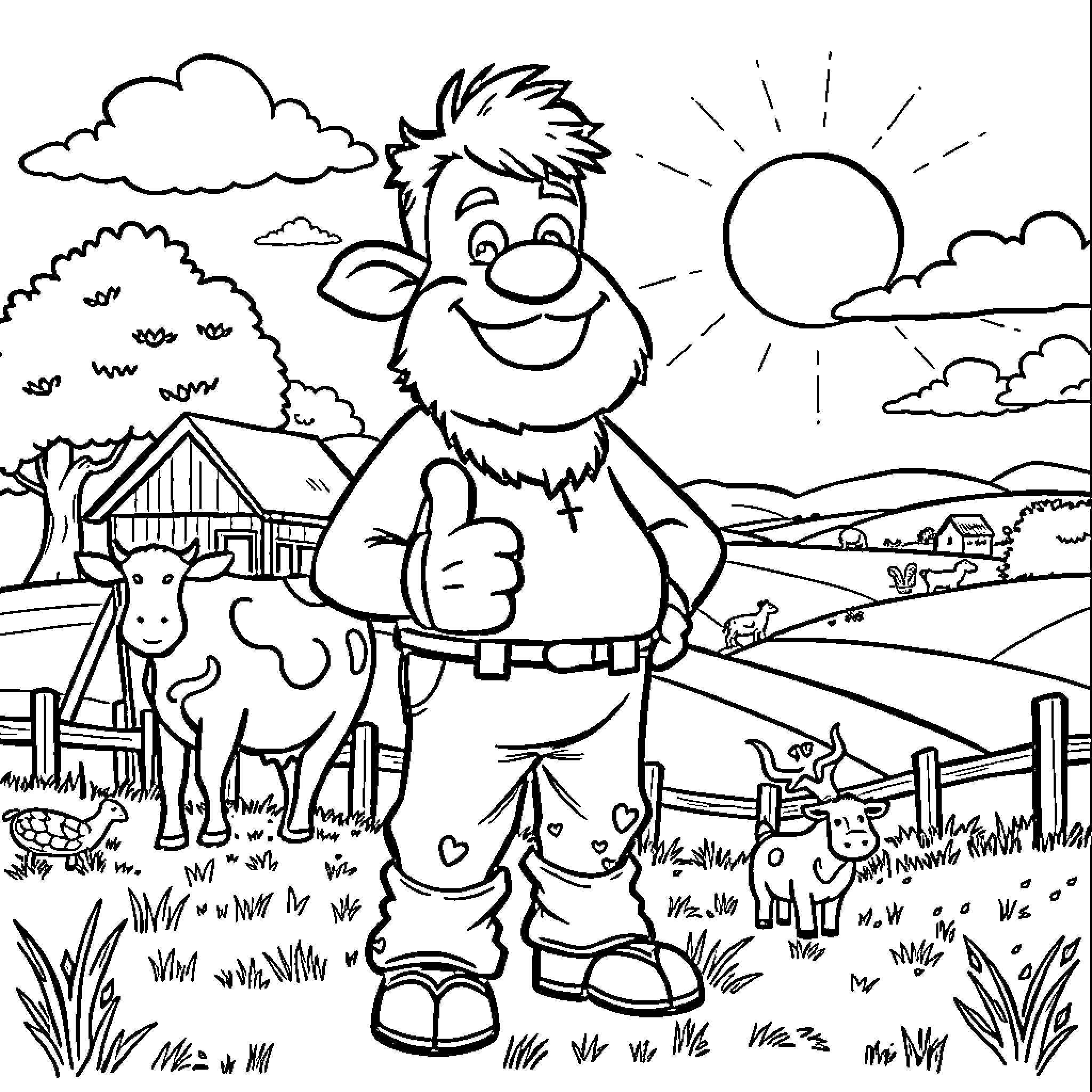 BiggThumbs happy farmer with cow on sunny farmland Coloring Page (free black-and-white line drawing printable PDF for all, from beginners to advanced learners, including children, teens, adults, and seniors)