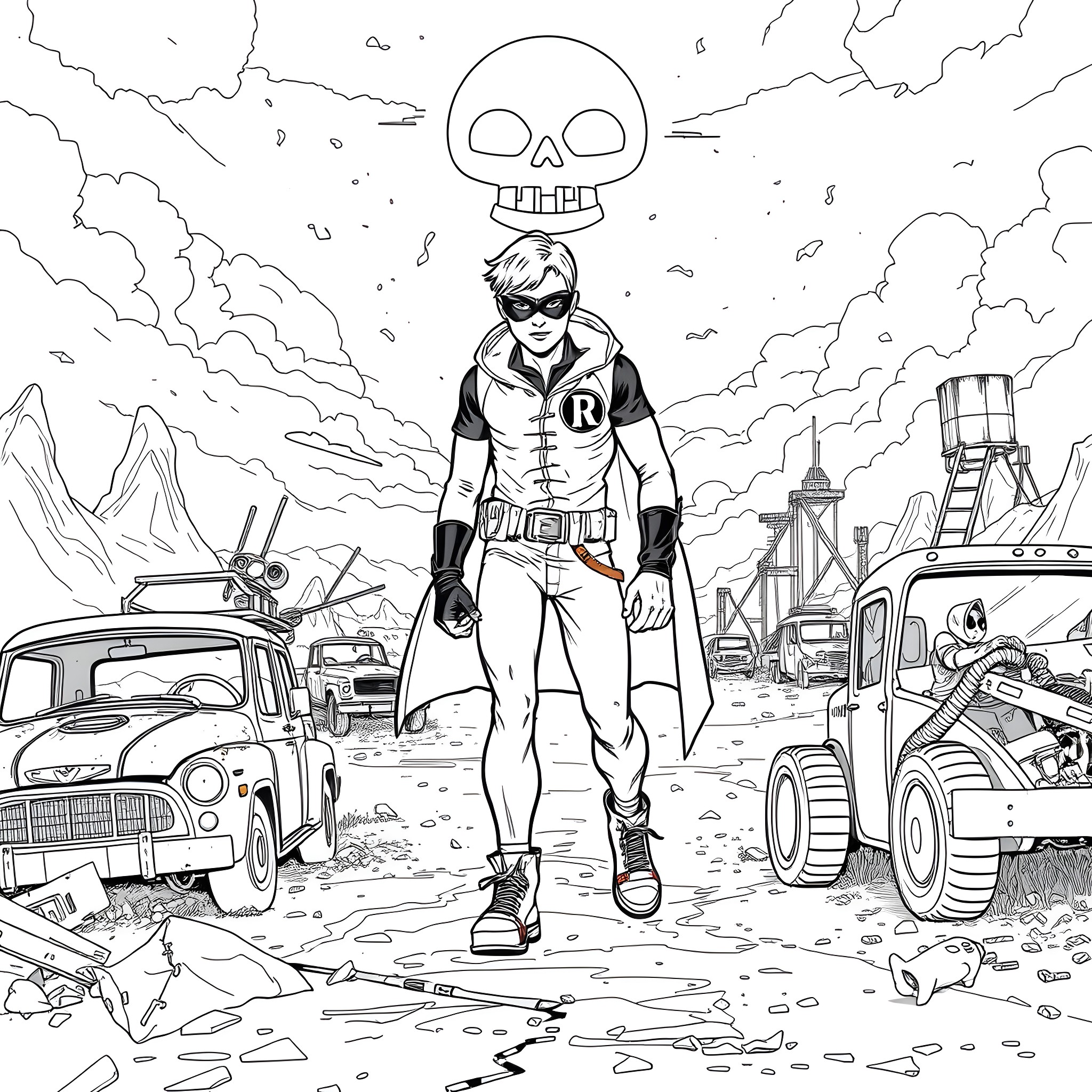 Robin in Apocalyptic Wasteland with Skull Overhead Coloring Page (free black-and-white line drawing printable PDF for all, from beginners to advanced learners, including children, teens, adults, and seniors)