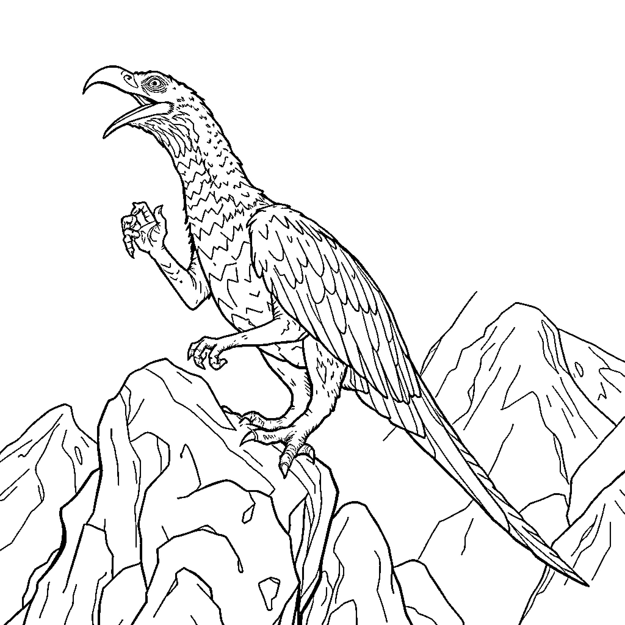 Aerodactyl soaring over majestic mountain peaks Coloring Page (free black-and-white line drawing printable PDF for all, from beginners to advanced learners, including children, teens, adults, and seniors)