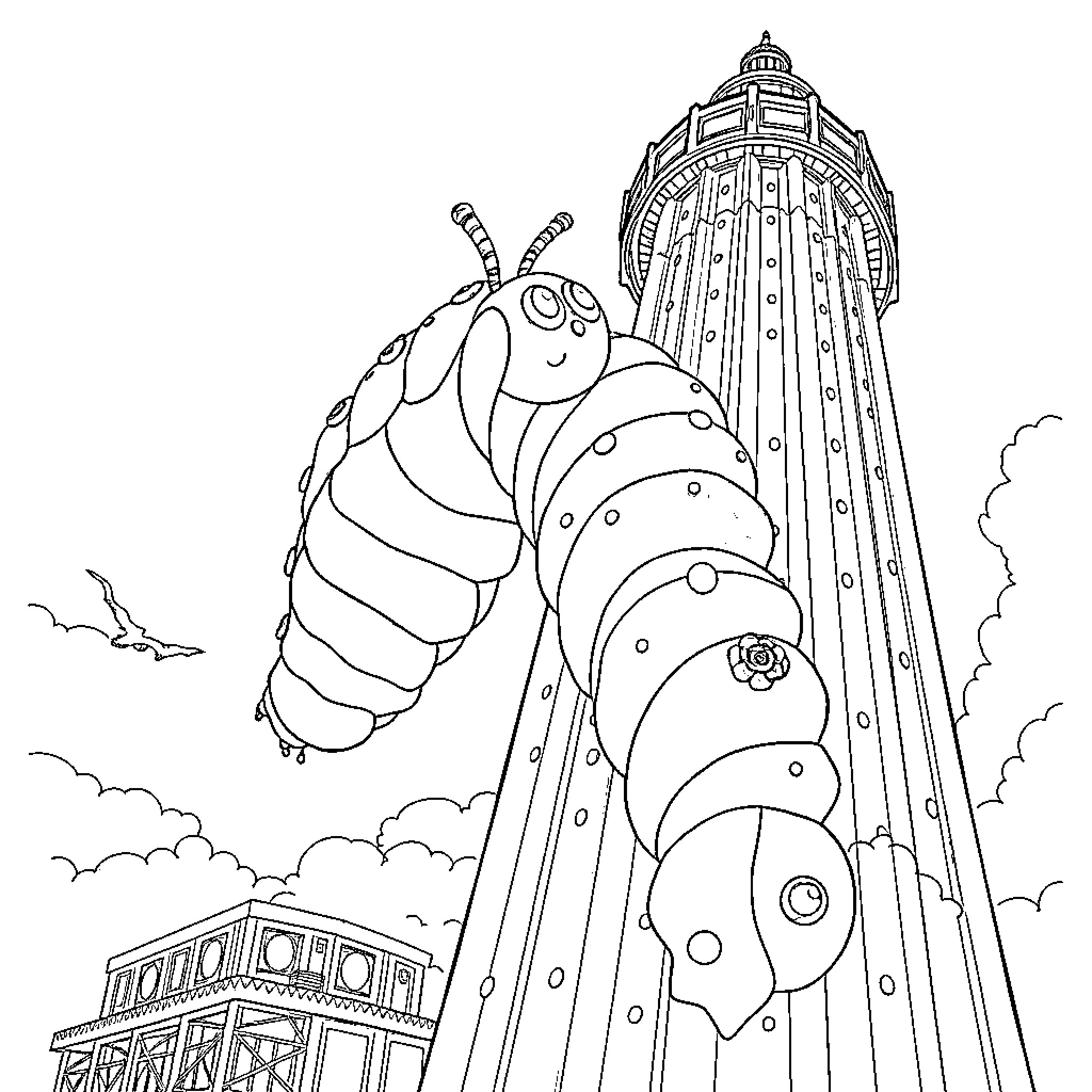 Caterpillar scaling a towering lighthouse Coloring Page (free black-and-white line drawing printable PDF for all, from beginners to advanced learners, including children, teens, adults, and seniors)