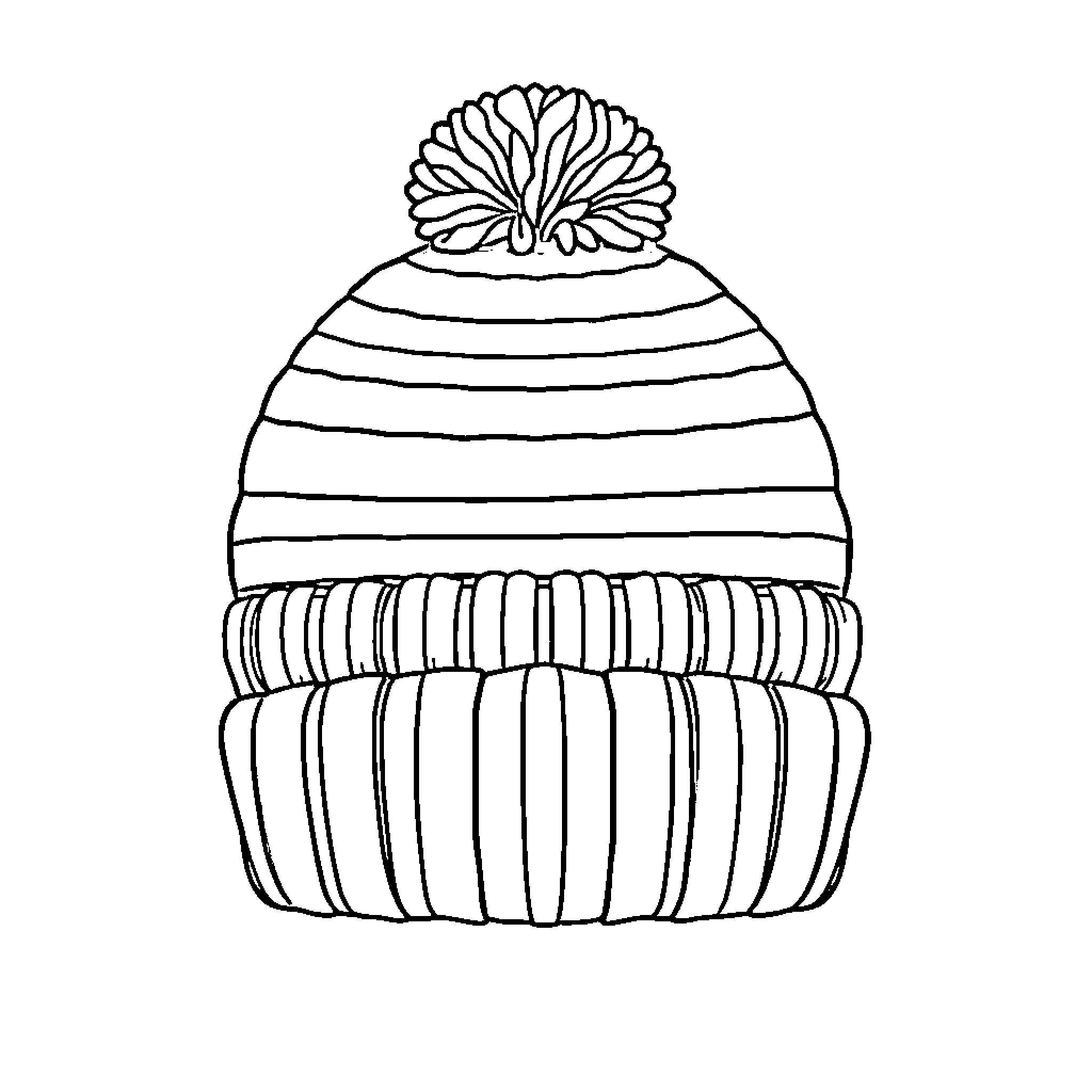 Hat with Striped Pattern and Pompom Coloring Page (free black-and-white line drawing printable PDF for all, from beginners to advanced learners, including children, teens, adults, and seniors)