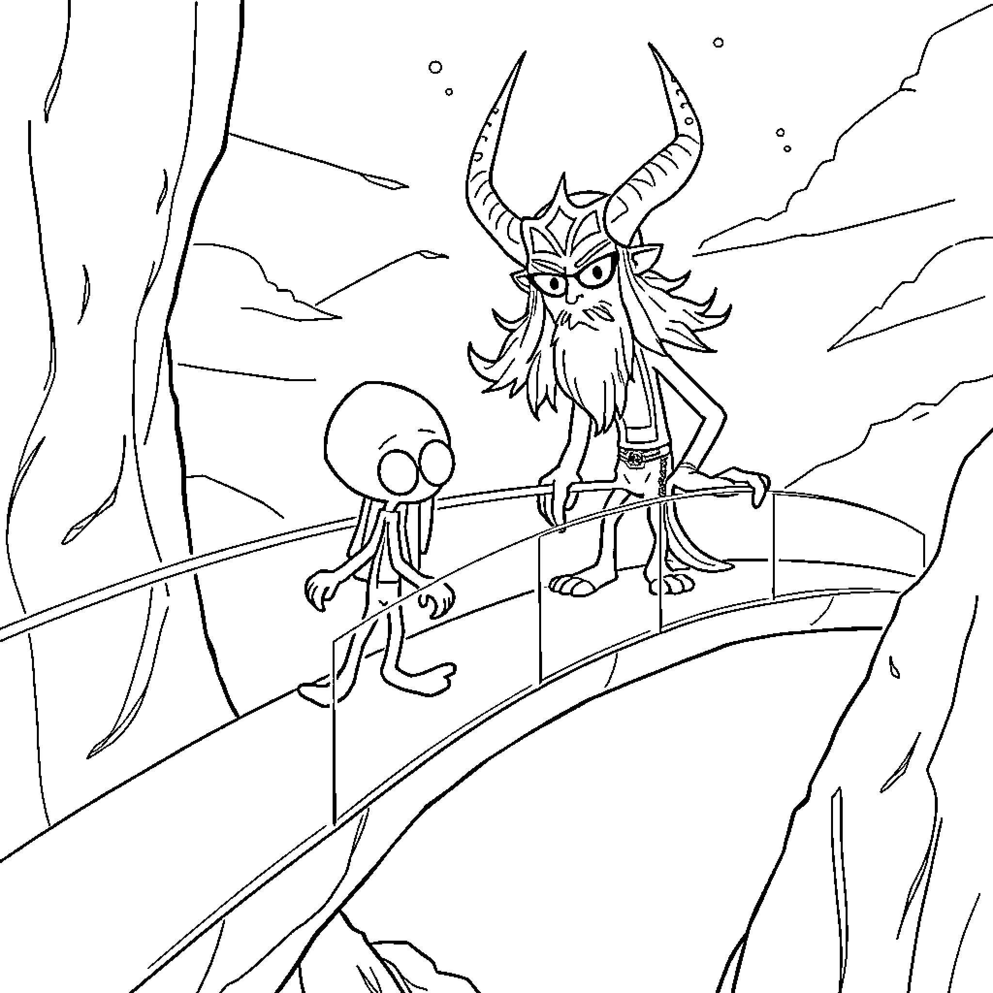 Character engaging in fantasy adventure on a bridge Coloring Page (free black-and-white line drawing printable PDF for all, from beginners to advanced learners, including children, teens, adults, and seniors)