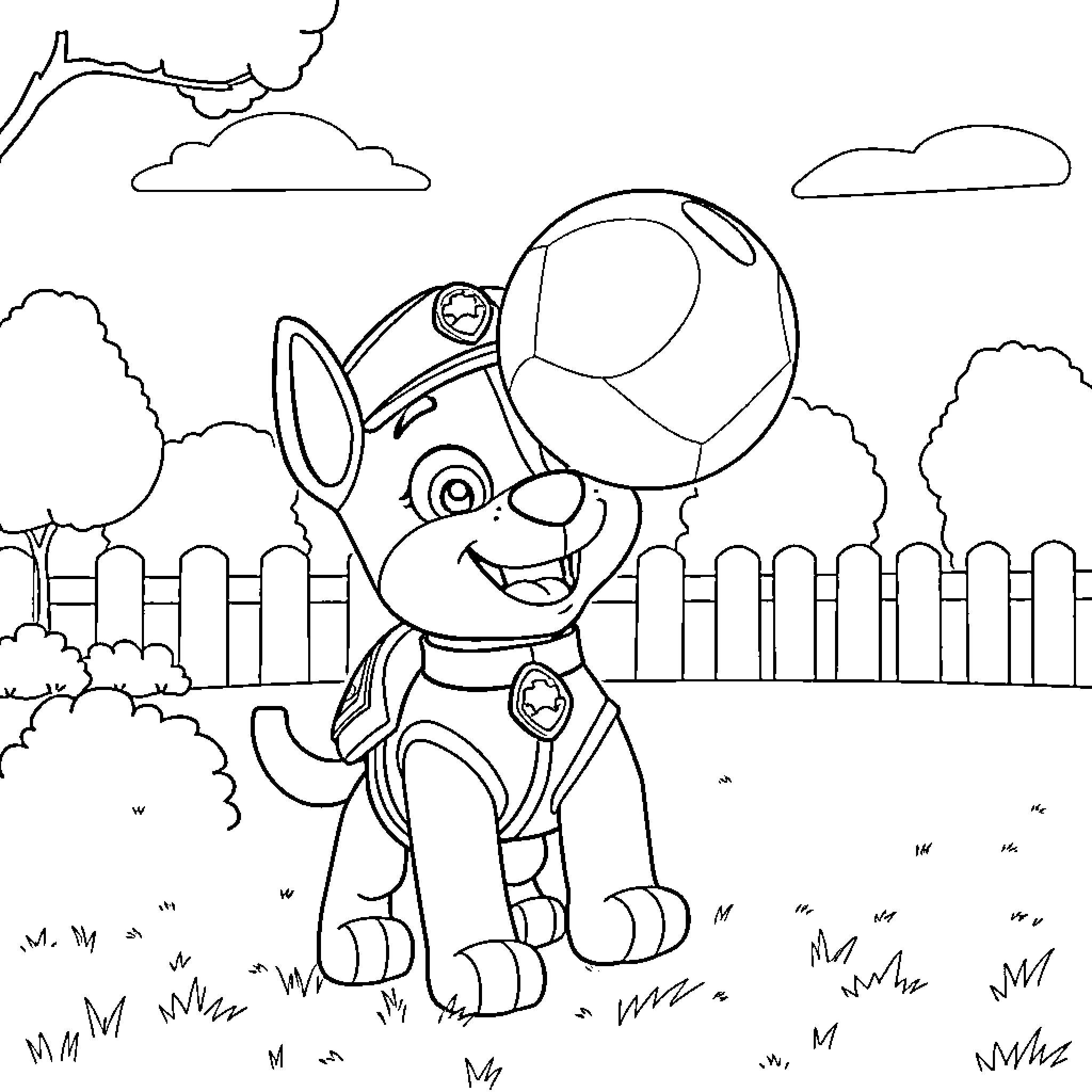 Tracker dog exploring the park Coloring Page (free black-and-white line drawing printable PDF for all, from beginners to advanced learners, including children, teens, adults, and seniors)