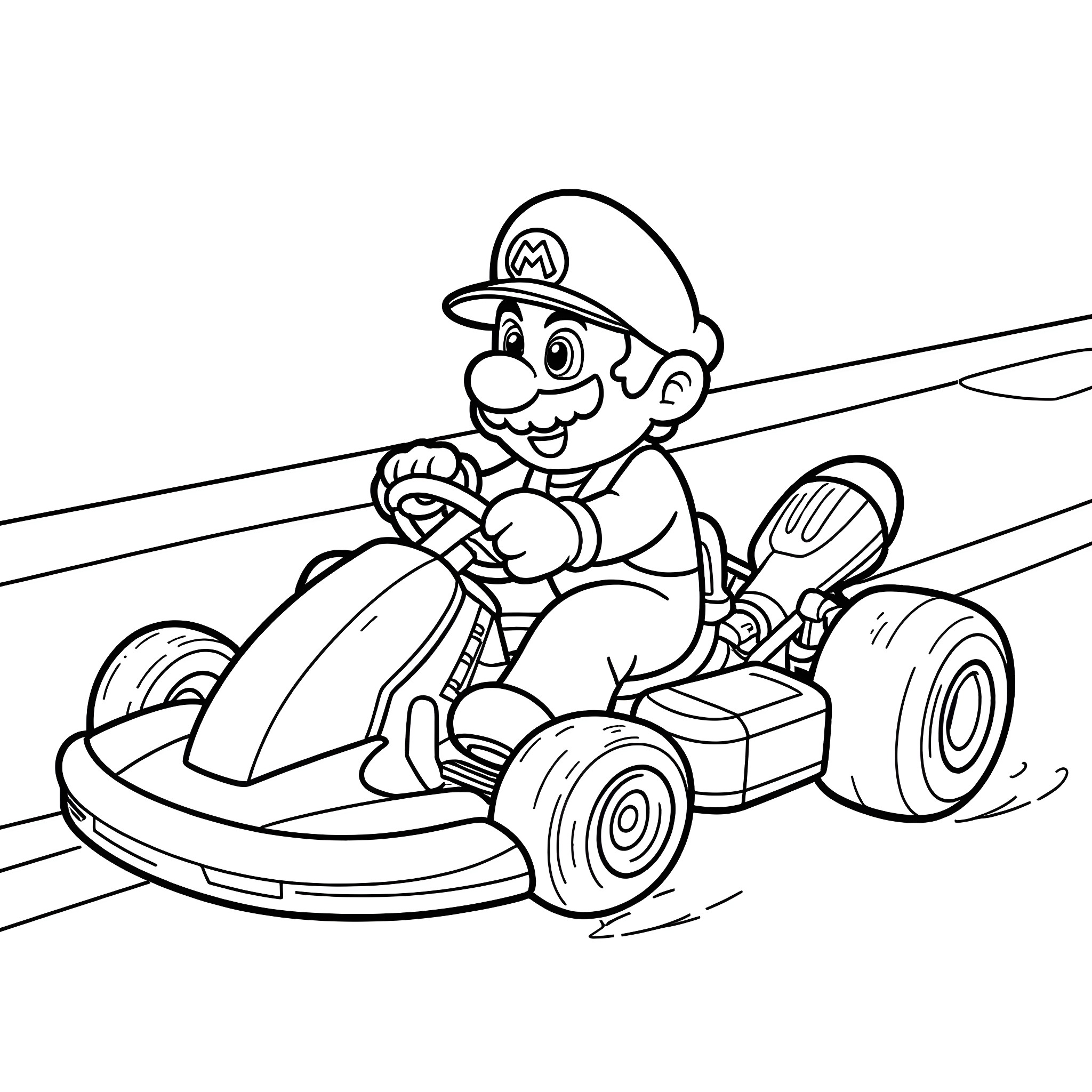 Mario driving go-kart with joy Coloring Page (free black-and-white line drawing printable PDF for all, from beginners to advanced learners, including children, teens, adults, and seniors)