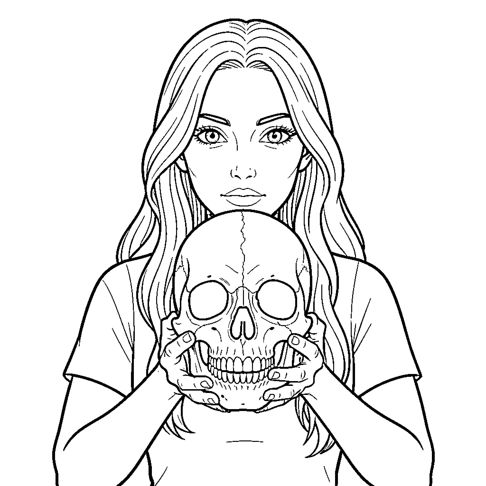 Femme holding a skull with a calm expression Coloring Page (free black-and-white line drawing printable PDF for all, from beginners to advanced learners, including children, teens, adults, and seniors)