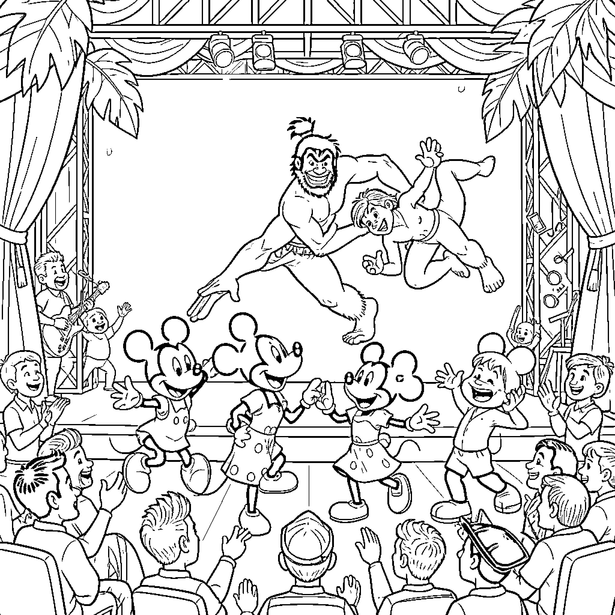 Concert of Animated Characters on Stage Coloring Page (free black-and-white line drawing printable PDF for all, from beginners to advanced learners, including children, teens, adults, and seniors)
