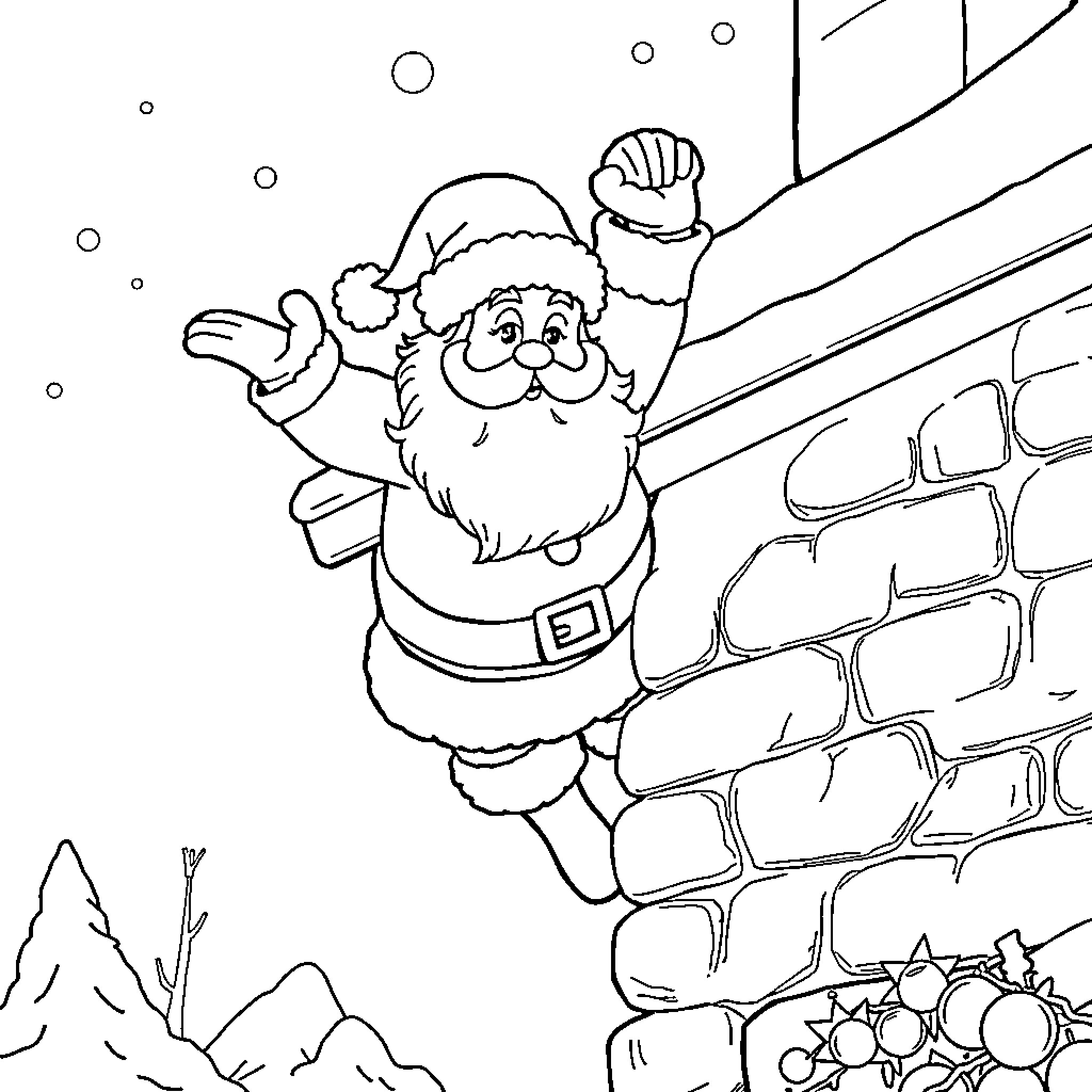 Santa excitedly climbing down the chimney Coloring Page (free black-and-white line drawing printable PDF for all, from beginners to advanced learners, including children, teens, adults, and seniors)