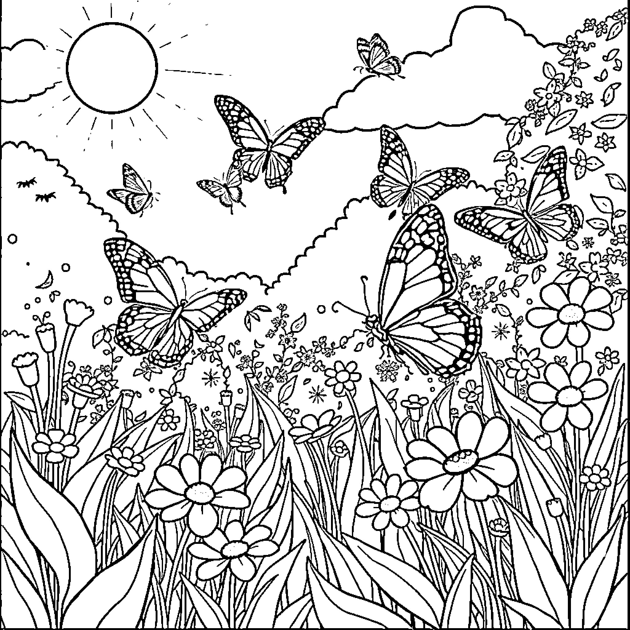 Butterfly Filled Meadow with Flowers and Sunlight Coloring Page (free black-and-white line drawing printable PDF for all, from beginners to advanced learners, including children, teens, adults, and seniors)