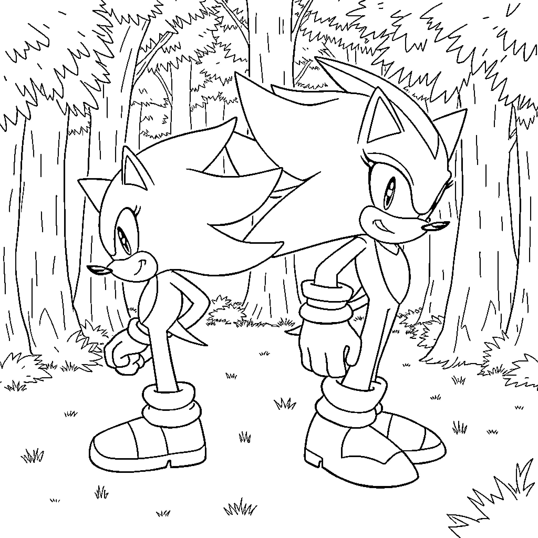 Sonic and Friends Adventure in the Forest Coloring Page (free black-and-white line drawing printable PDF for all, from beginners to advanced learners, including children, teens, adults, and seniors)