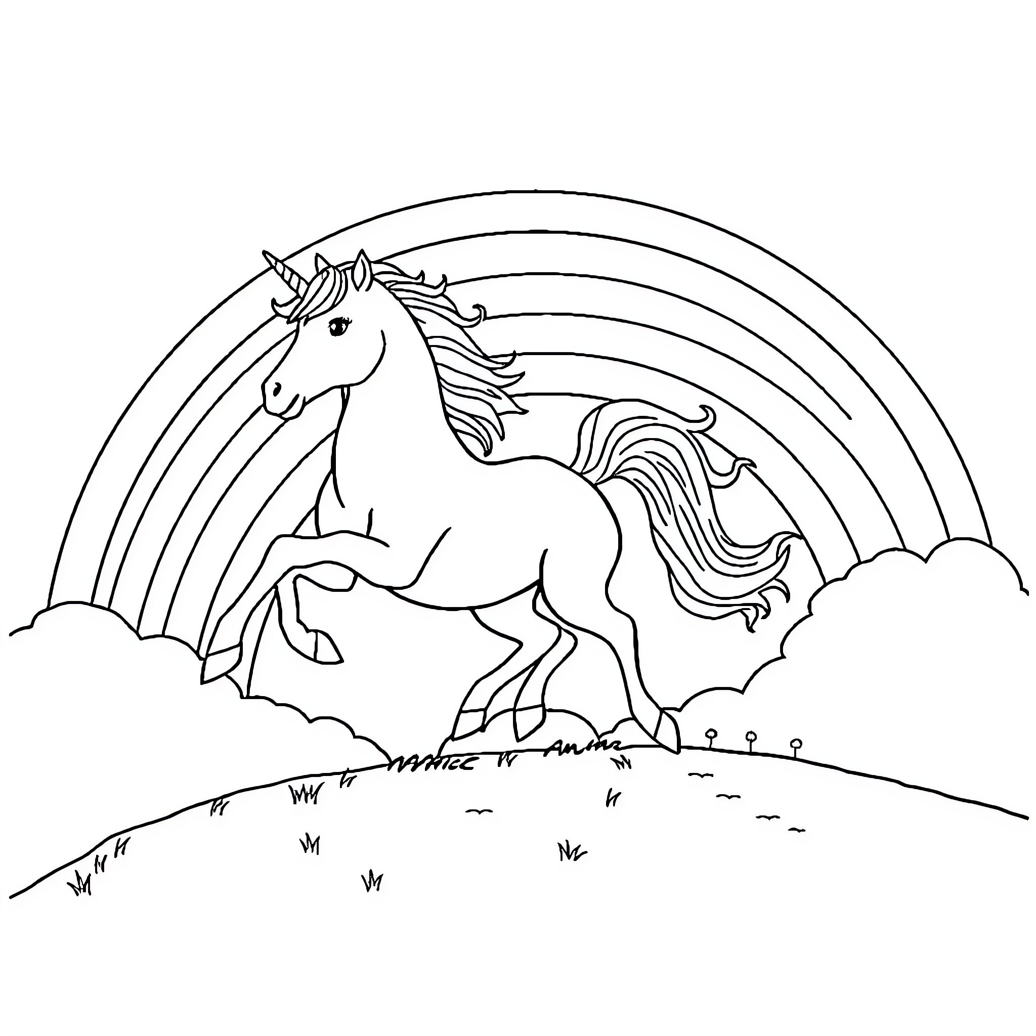 Unicorn galloping through a dreamy landscape Coloring Page (free black-and-white line drawing printable PDF for all, from beginners to advanced learners, including children, teens, adults, and seniors)