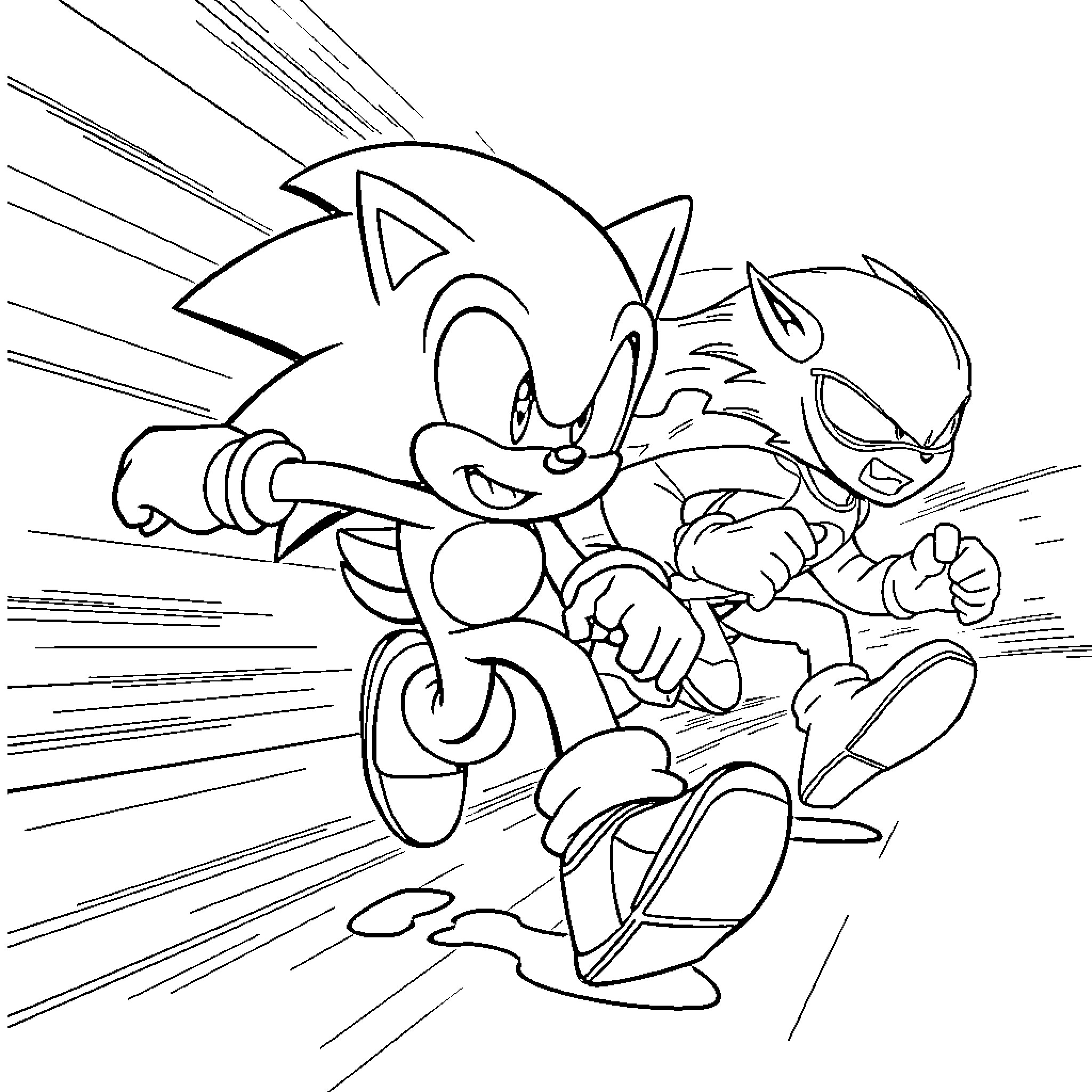 Sonic and Knuckles in high-speed action Coloring Page (free black-and-white line drawing printable PDF for all, from beginners to advanced learners, including children, teens, adults, and seniors)