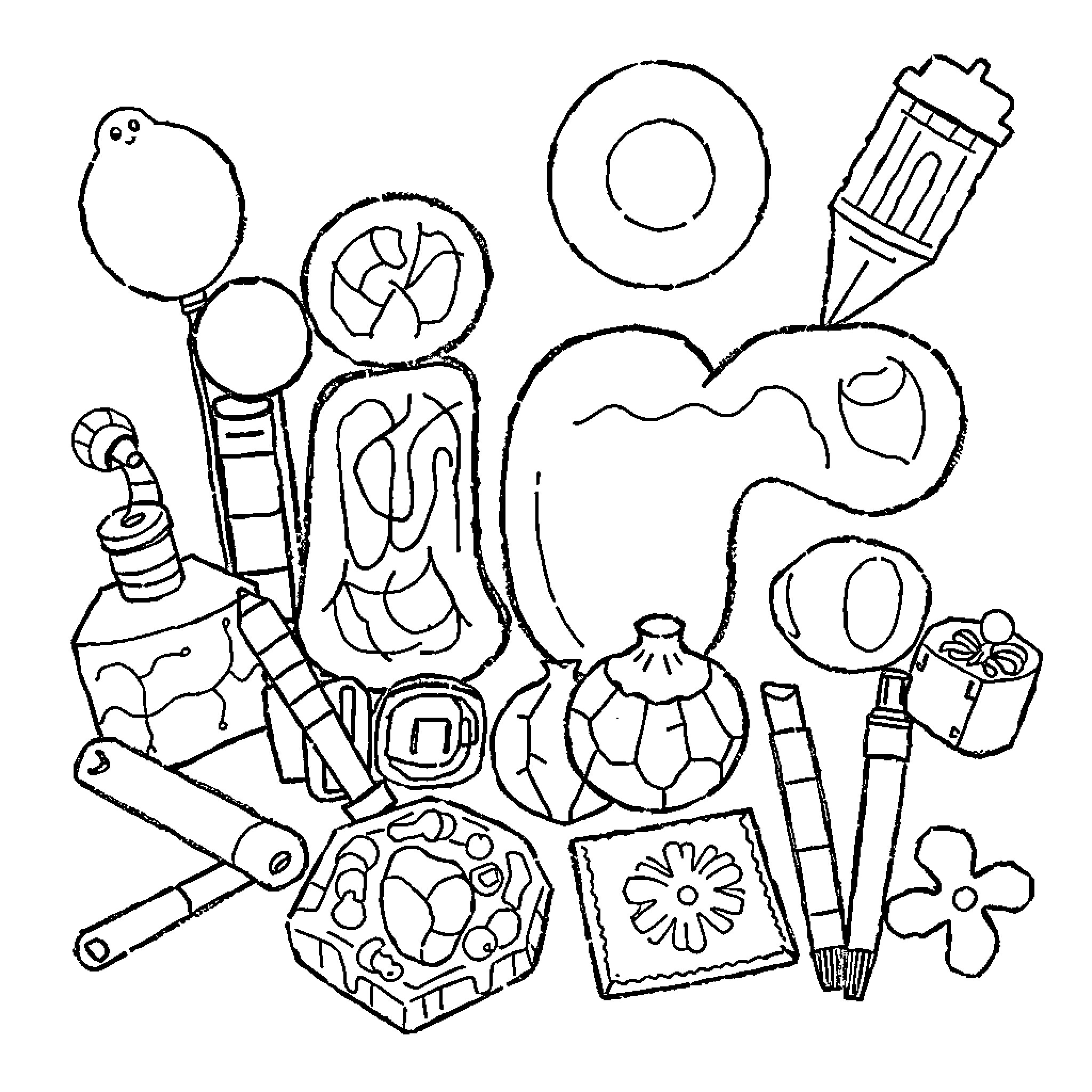 Item Assortment of Colorful Artistic Supplies Coloring Page (free black-and-white line drawing printable PDF for all, from beginners to advanced learners, including children, teens, adults, and seniors)