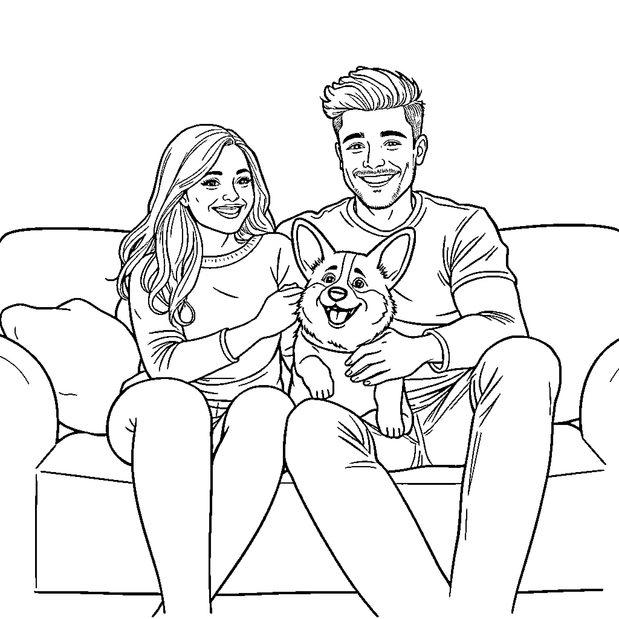 Corgi lounging with happy couple on couch Coloring Page (free black-and-white line drawing printable PDF for all, from beginners to advanced learners, including children, teens, adults, and seniors)