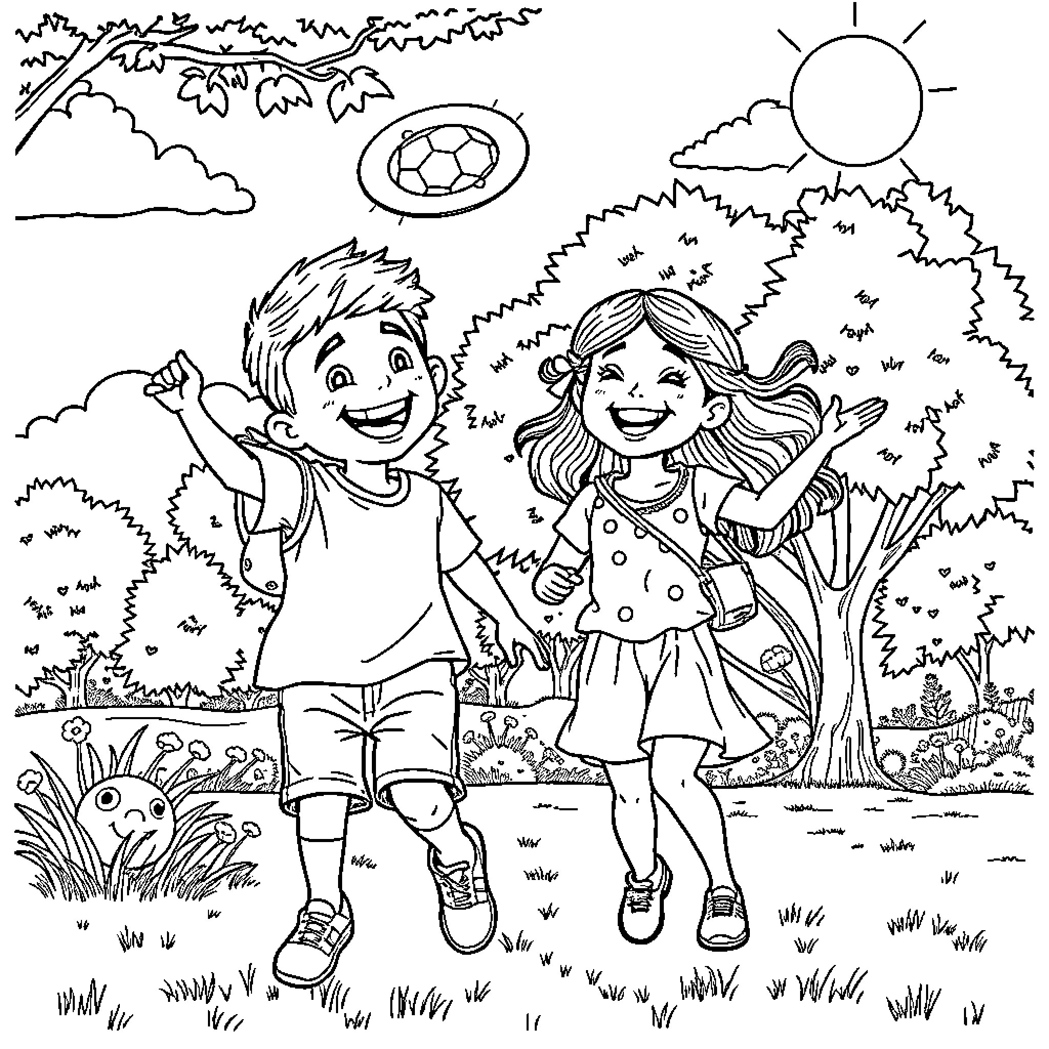 Child playing and running with soccer ball in park Coloring Page (free black-and-white line drawing printable PDF for all, from beginners to advanced learners, including children, teens, adults, and seniors)