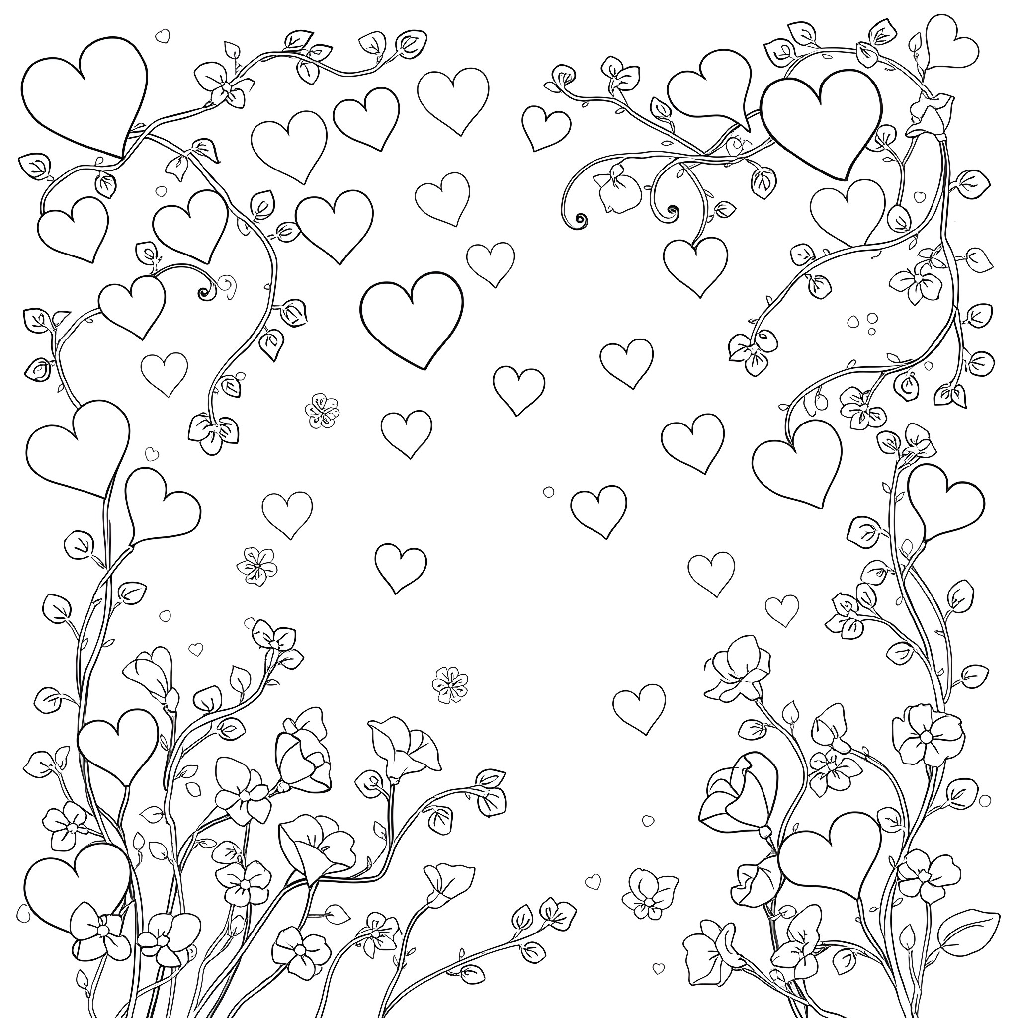 Heart-shaped floral pattern with vines and flowers Coloring Page (free black-and-white line drawing printable PDF for all, from beginners to advanced learners, including children, teens, adults, and seniors)