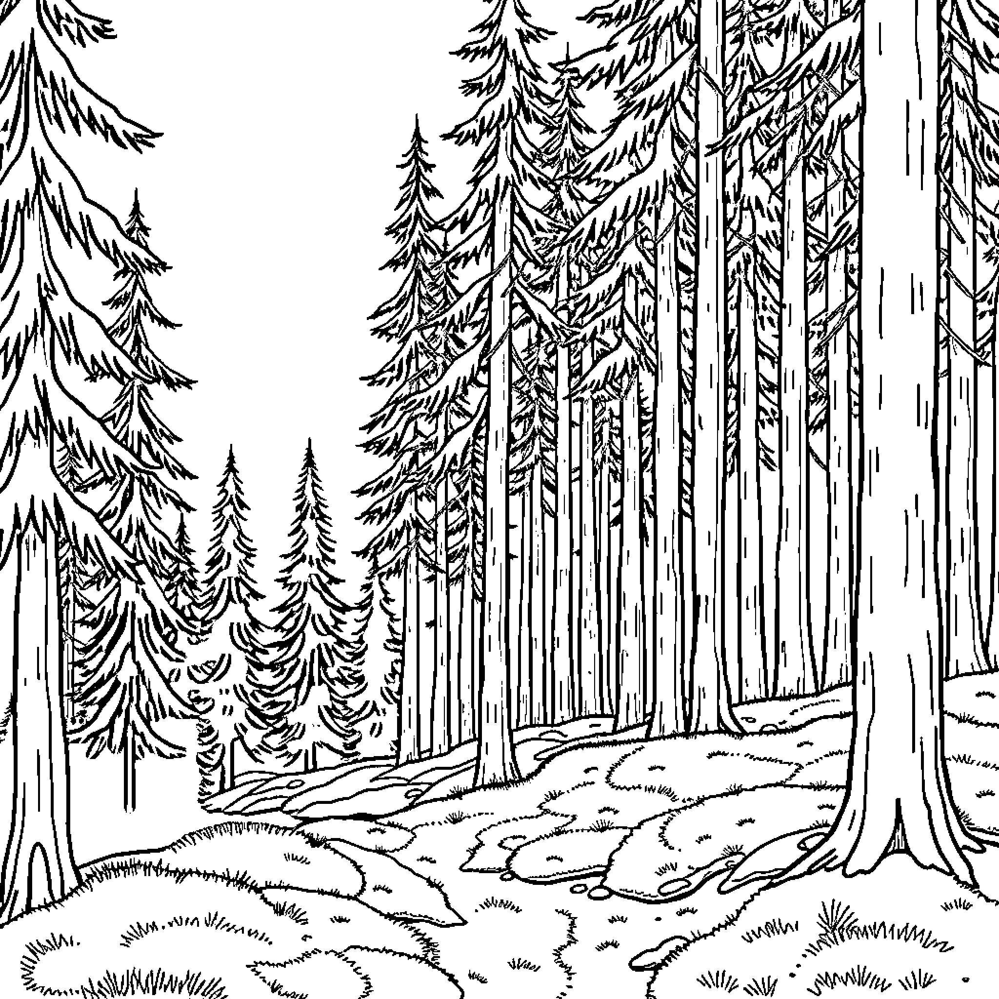 Boreal Forest with Towering Evergreens Coloring Page (free black-and-white line drawing printable PDF for all, from beginners to advanced learners, including children, teens, adults, and seniors)