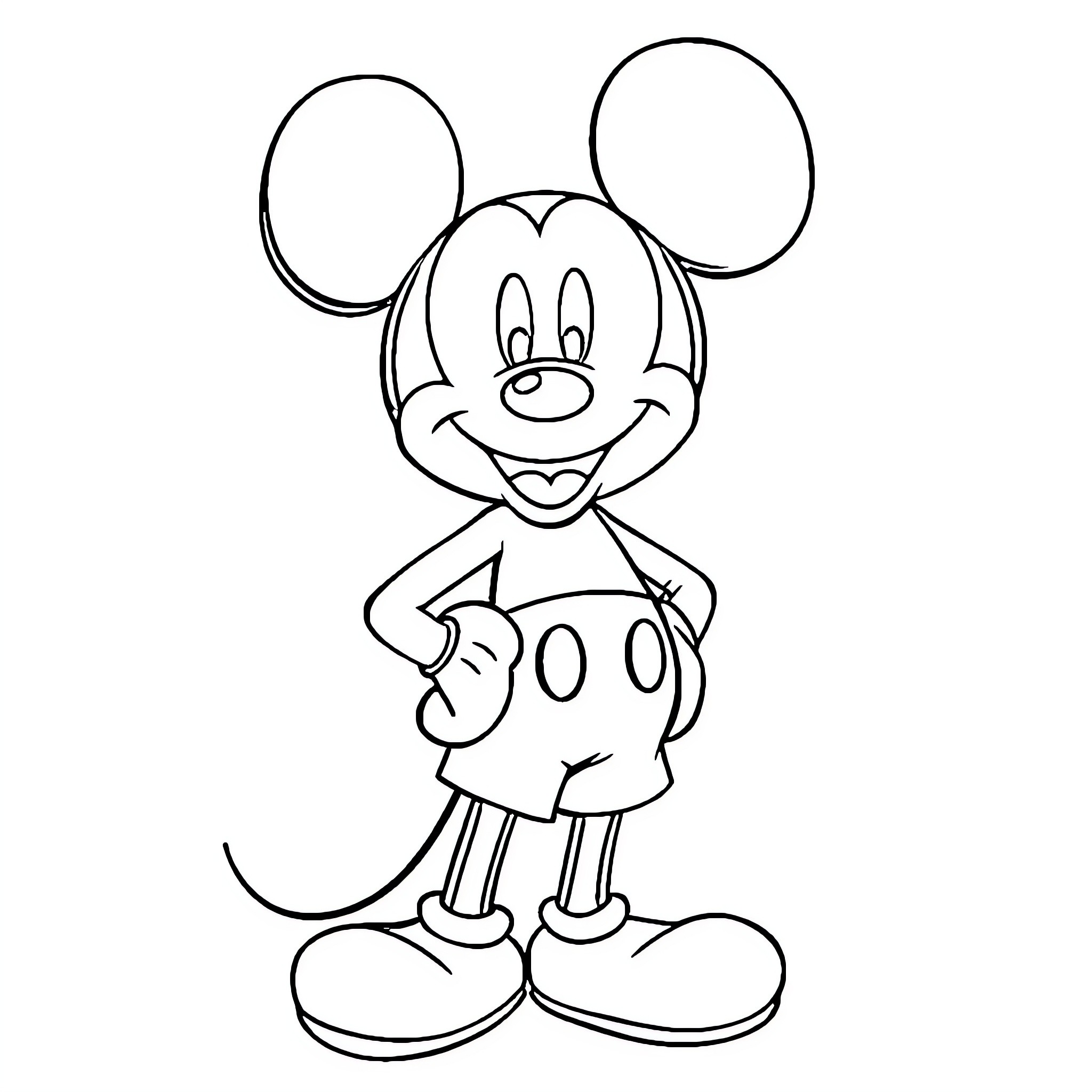 Mickey Mouse standing in a simple outline Coloring Page (free black-and-white line drawing printable PDF for all, from beginners to advanced learners, including children, teens, adults, and seniors)