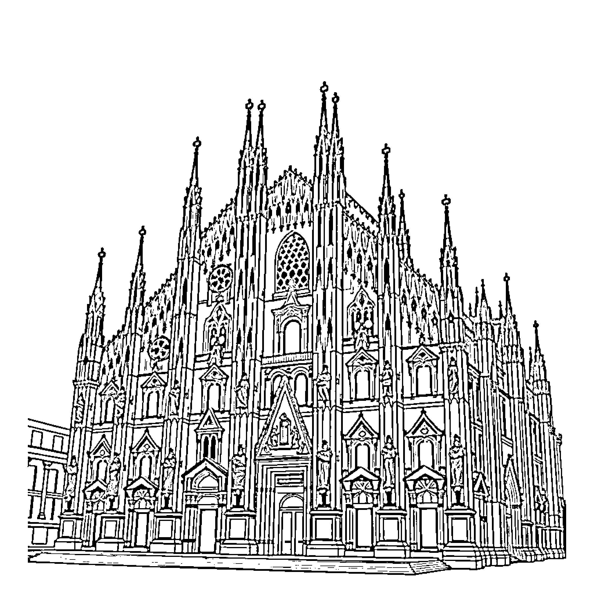 Duomo Cathedral with Intricate Gothic Architecture Coloring Page (free black-and-white line drawing printable PDF for all, from beginners to advanced learners, including children, teens, adults, and seniors)