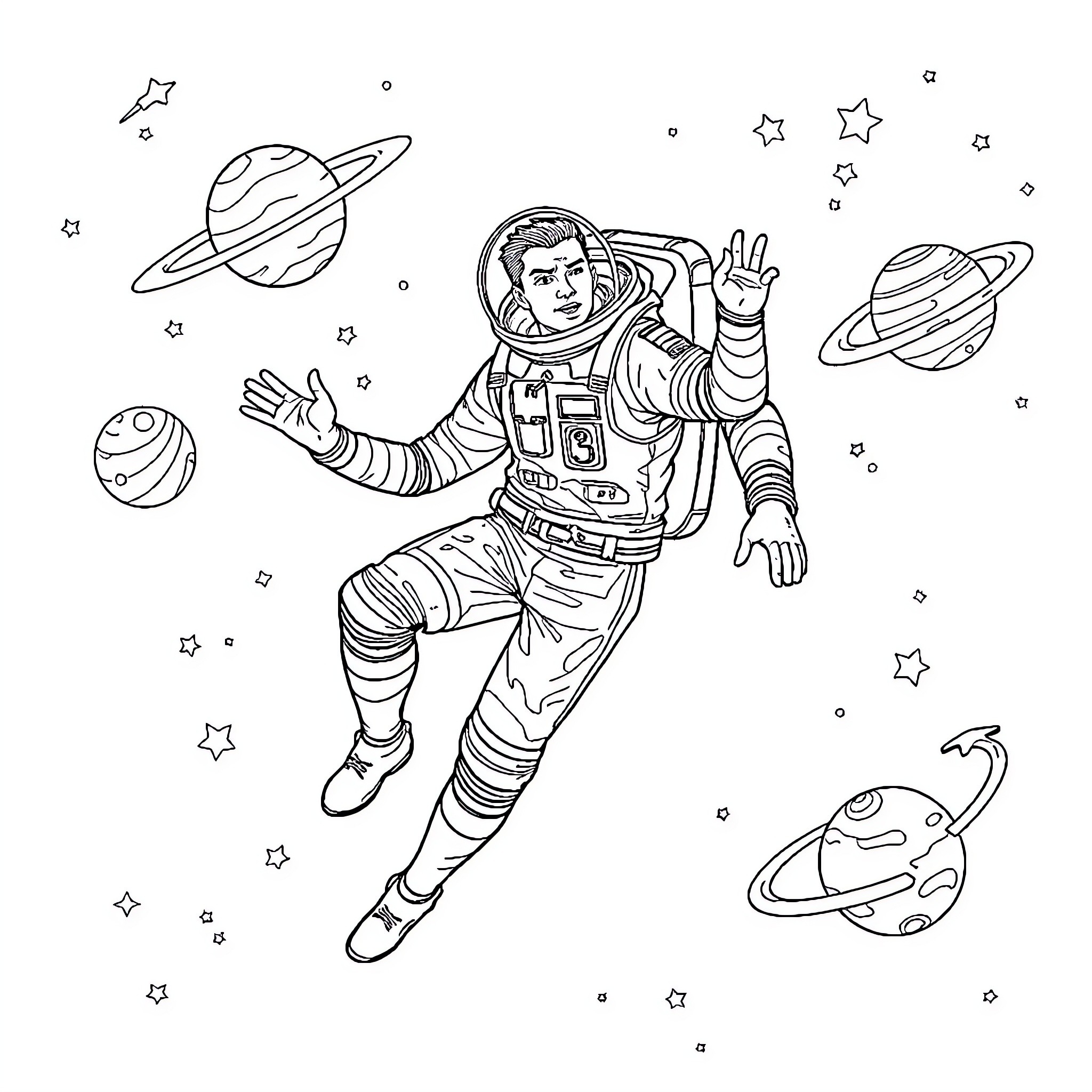 Ronaldo floating in space among planets and stars Coloring Page (free black-and-white line drawing printable PDF for all, from beginners to advanced learners, including children, teens, adults, and seniors)