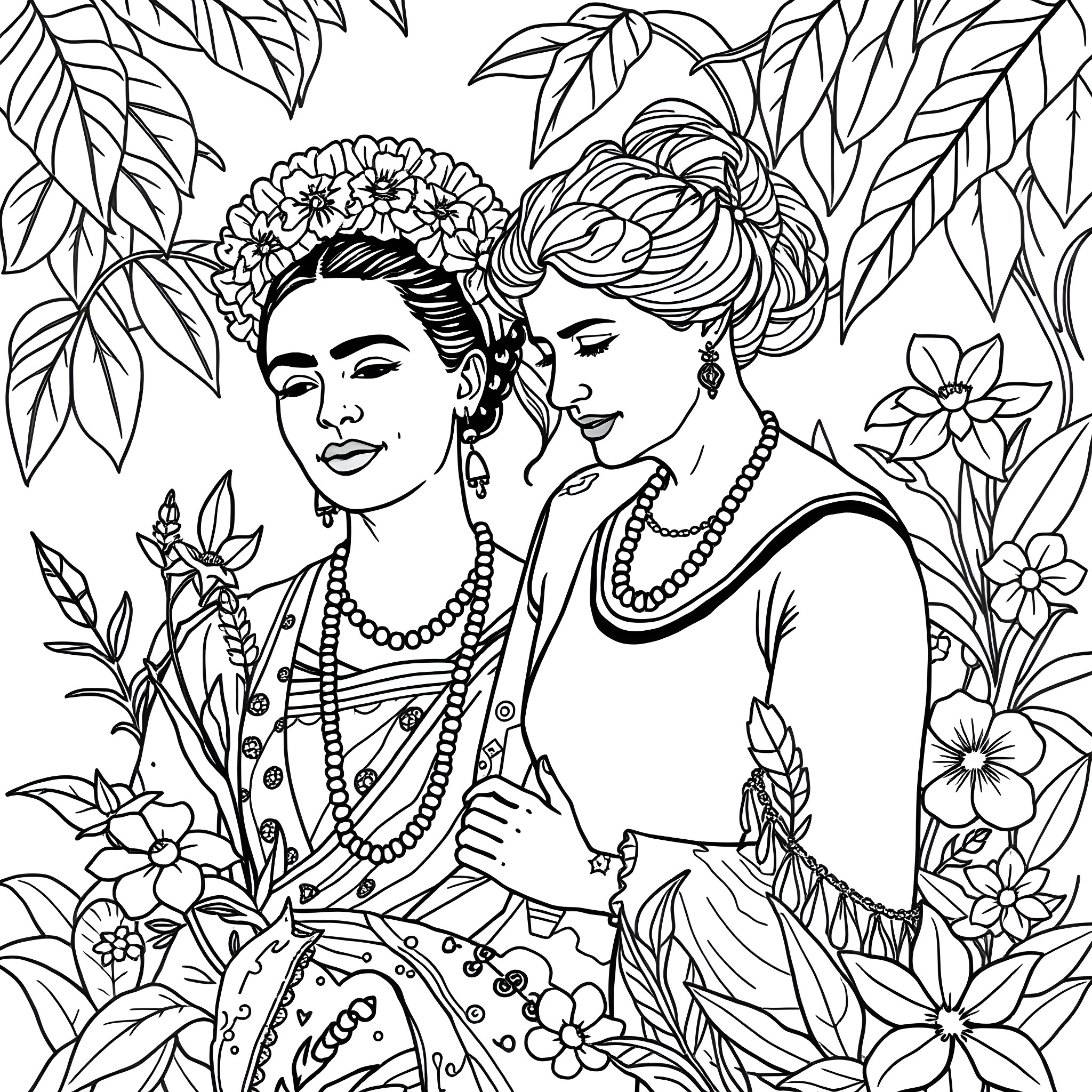 Frida Kahlo and Friend Amid Floral Surroundings Coloring Page (free black-and-white line drawing printable PDF for all, from beginners to advanced learners, including children, teens, adults, and seniors)