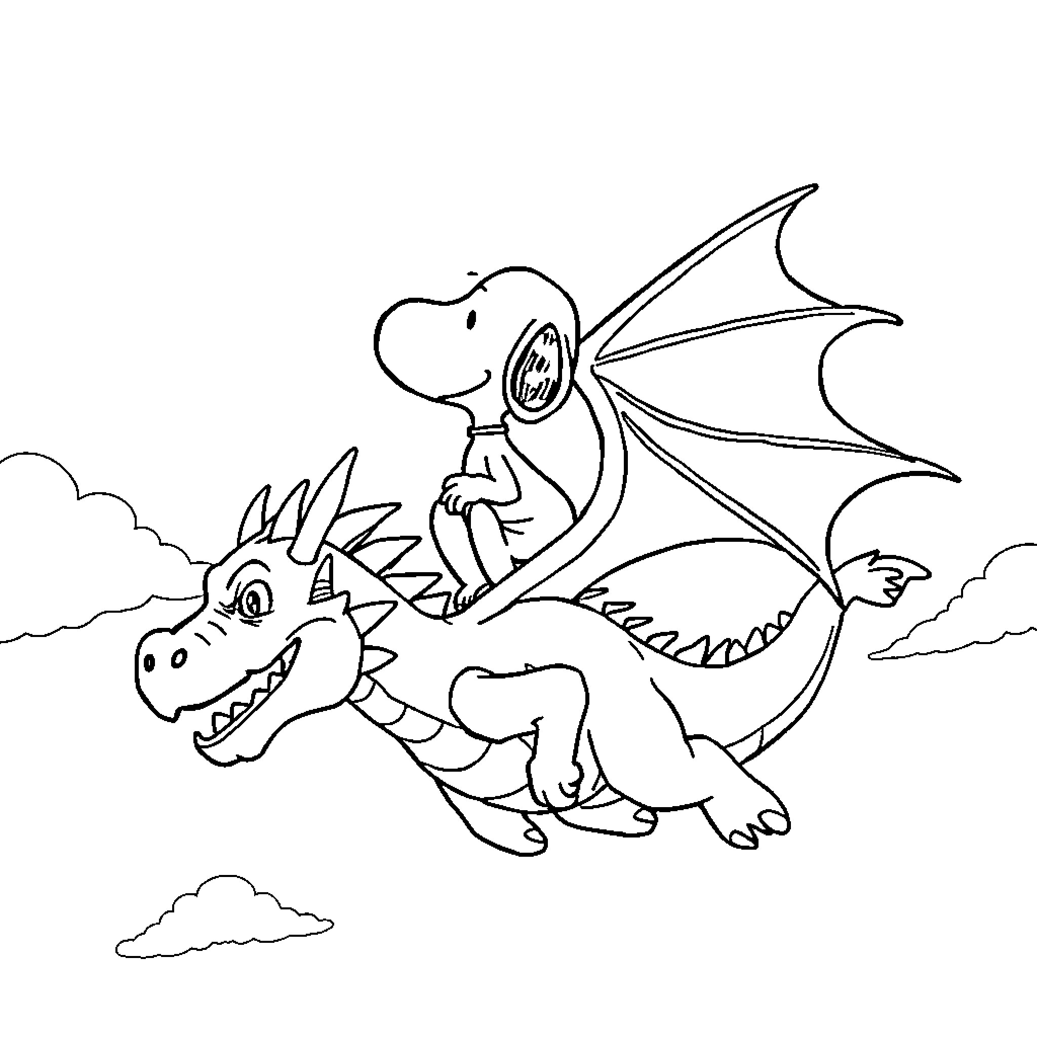 Snoopy riding on the back of a playful dragon Coloring Page (free black-and-white line drawing printable PDF for all, from beginners to advanced learners, including children, teens, adults, and seniors)