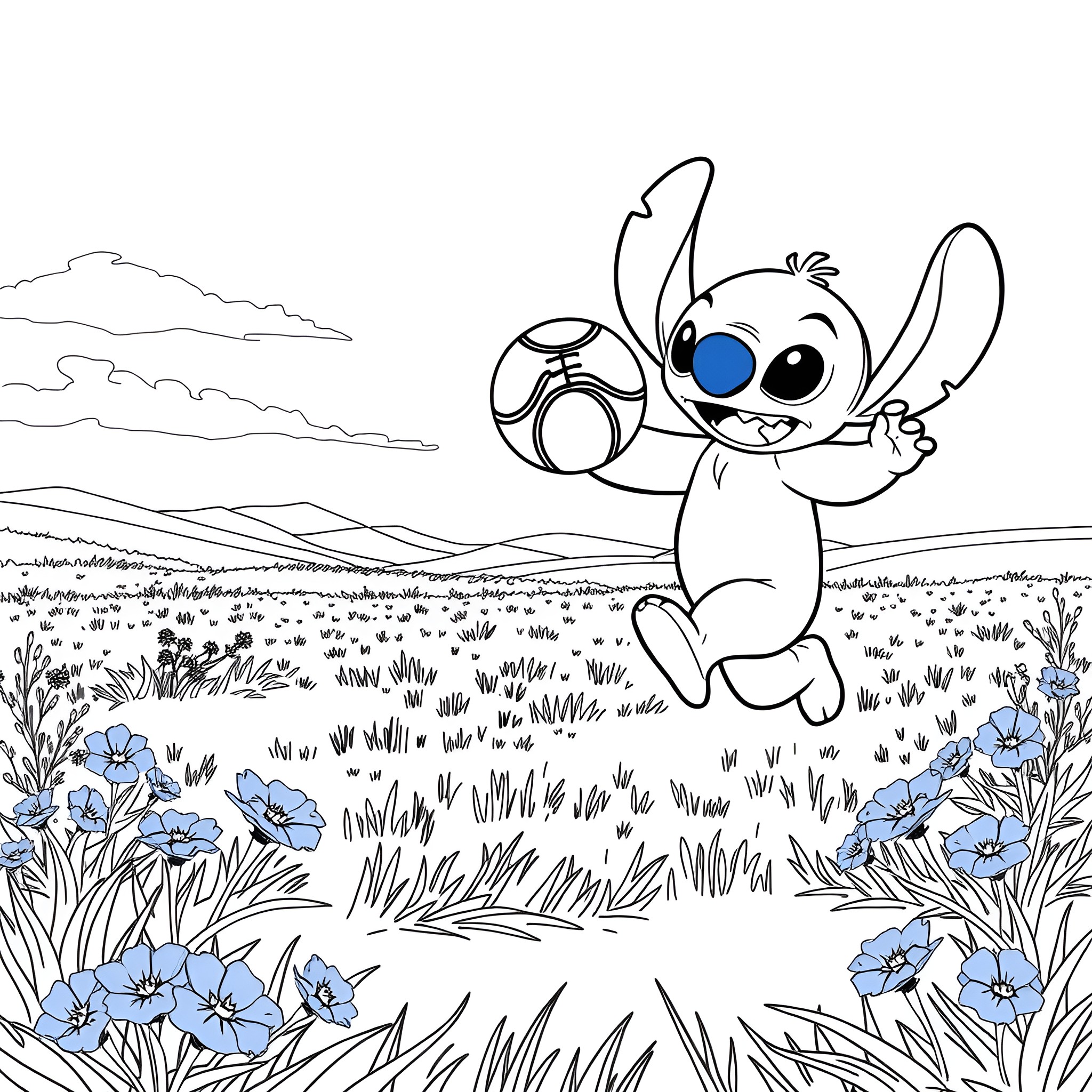 Stitch playing with a ball in a flowery meadow Coloring Page (free black-and-white line drawing printable PDF for all, from beginners to advanced learners, including children, teens, adults, and seniors)