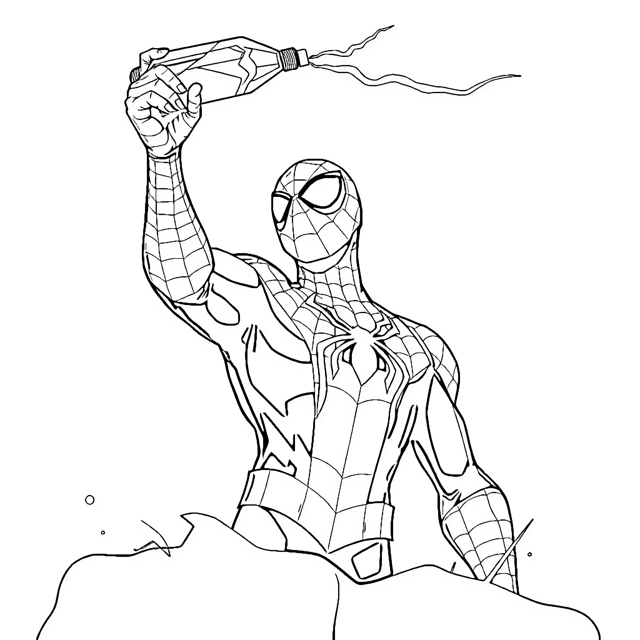 Spider-Man swinging into action with web-shooters Coloring Page (free black-and-white line drawing printable PDF for all, from beginners to advanced learners, including children, teens, adults, and seniors)