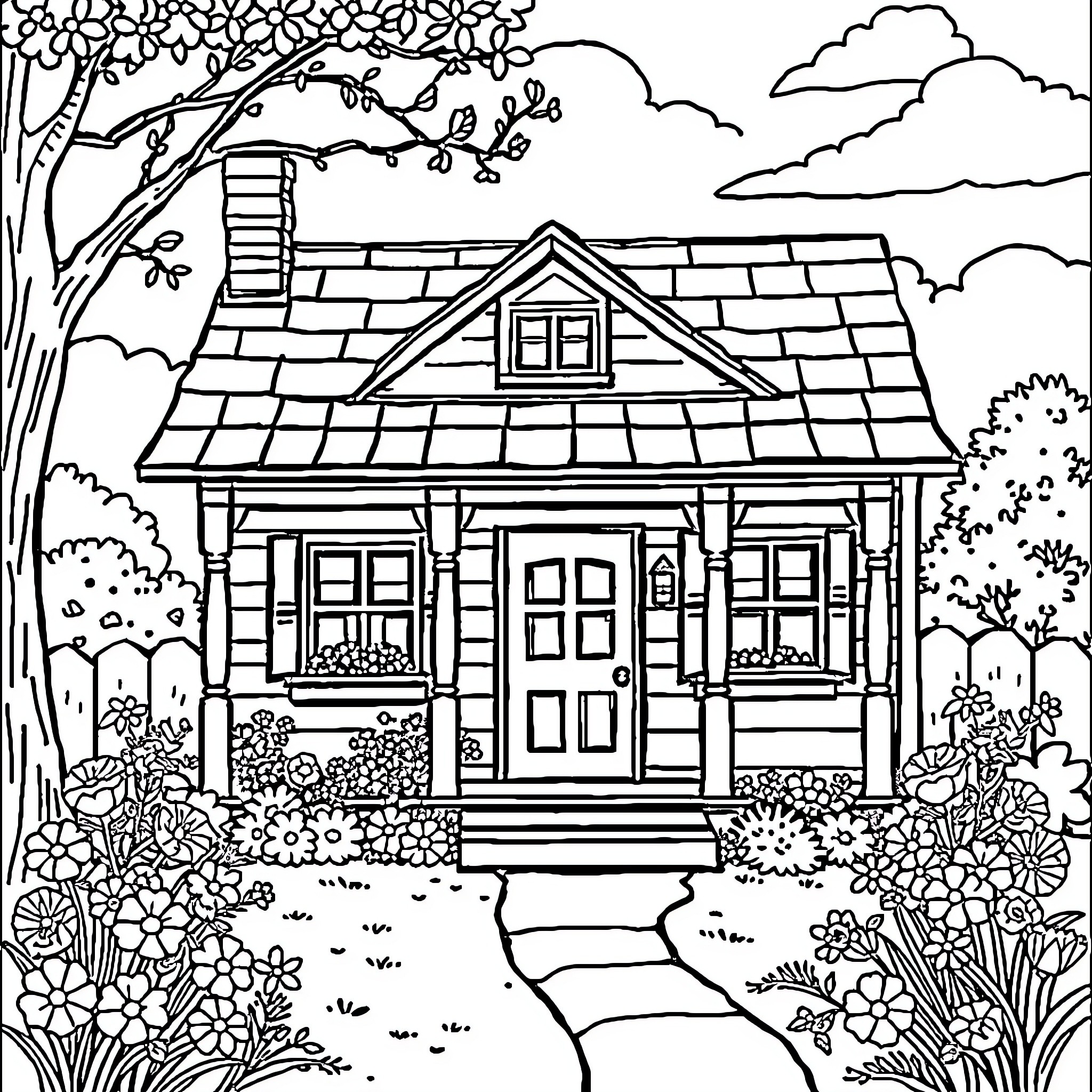 House with Charming Floral Landscape Coloring Page (free black-and-white line drawing printable PDF for all, from beginners to advanced learners, including children, teens, adults, and seniors)