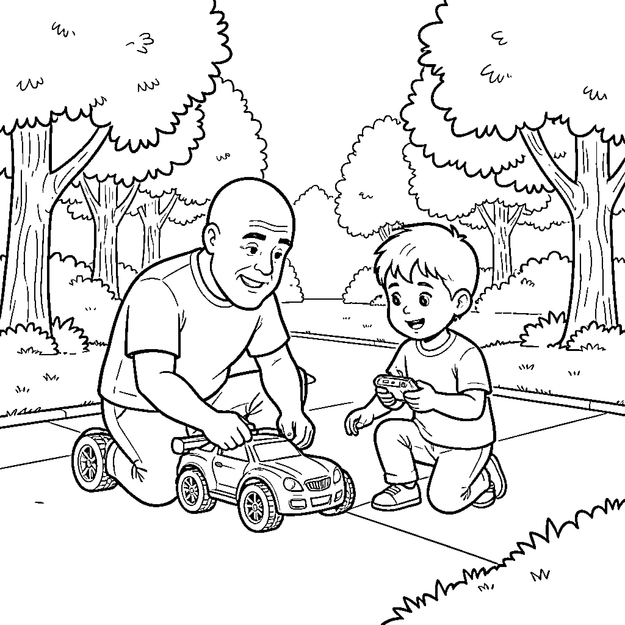Father and son playing with toy cars outdoors Coloring Page (free black-and-white line drawing printable PDF for all, from beginners to advanced learners, including children, teens, adults, and seniors)