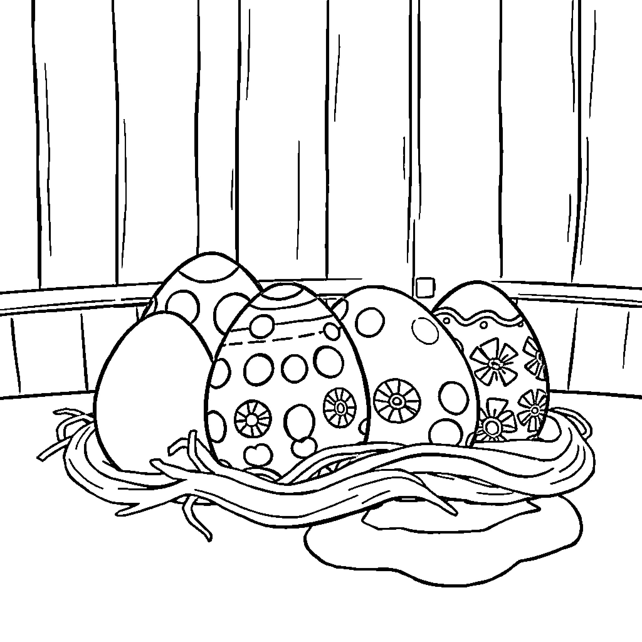 Egg decorations resting in nature Coloring Page (free black-and-white line drawing printable PDF for all, from beginners to advanced learners, including children, teens, adults, and seniors)