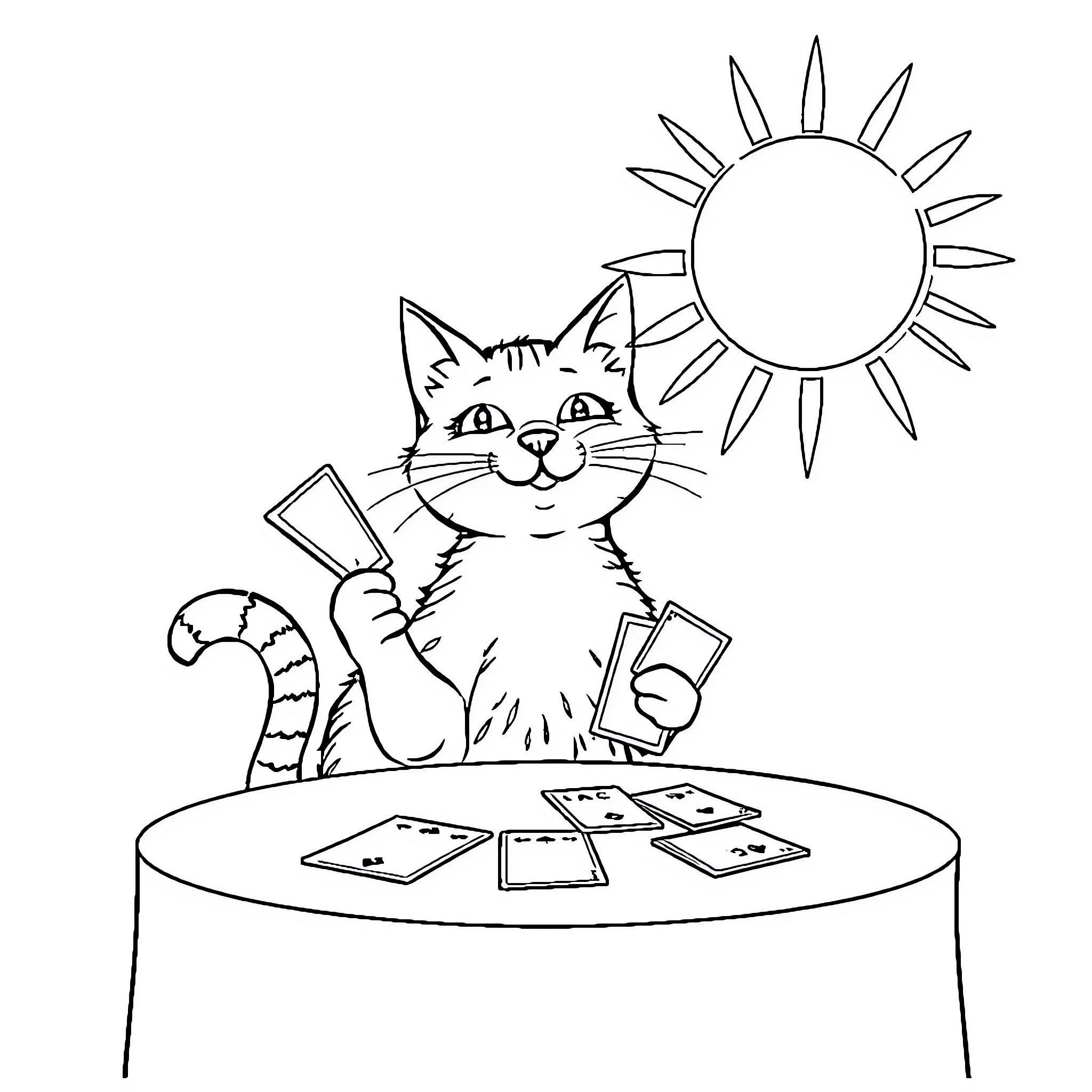 Cat enjoying sunny day with playing cards Coloring Page (free black-and-white line drawing printable PDF for all, from beginners to advanced learners, including children, teens, adults, and seniors)