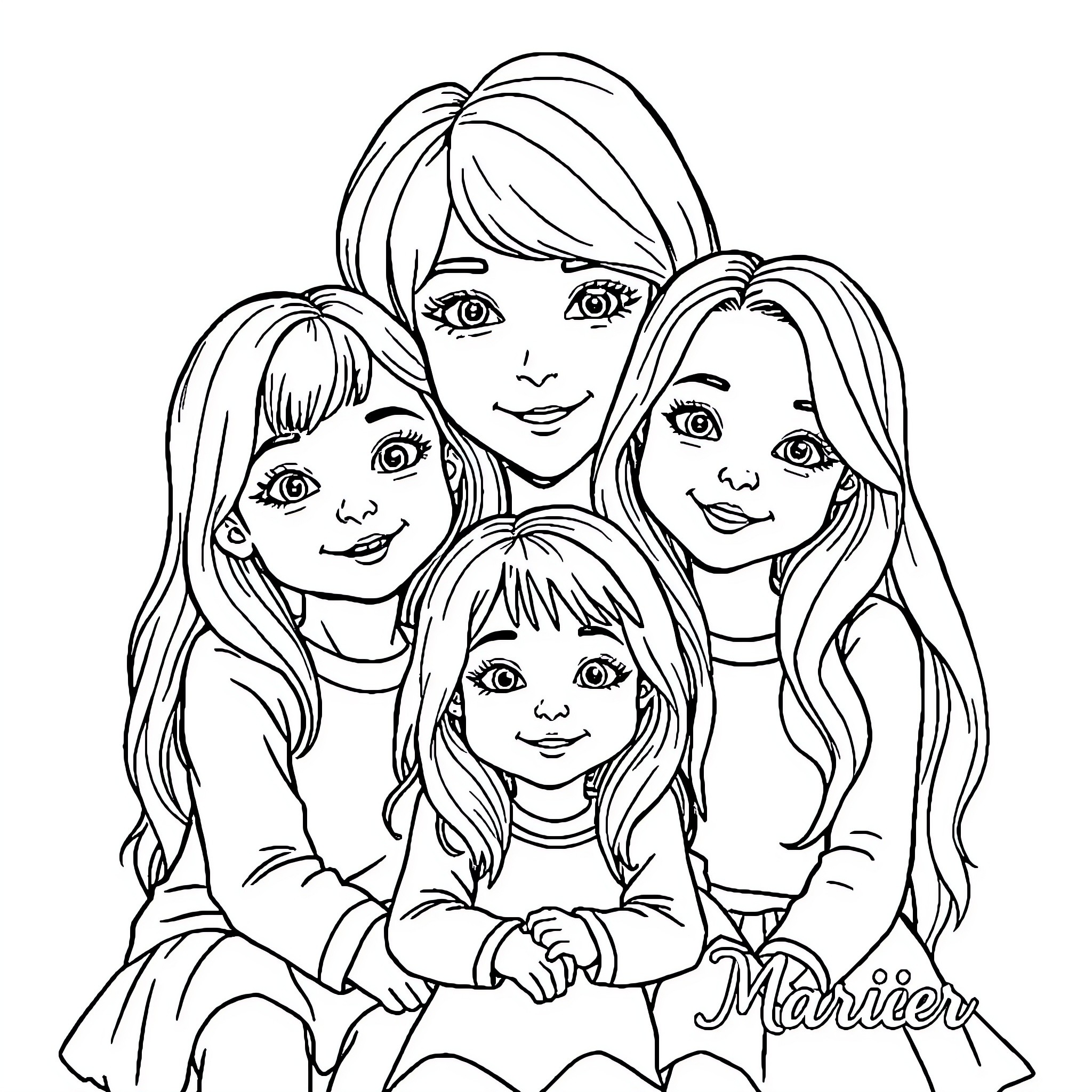 Mother and Daughters Posing Together Joyfully Coloring Page (free black-and-white line drawing printable PDF for all, from beginners to advanced learners, including children, teens, adults, and seniors)