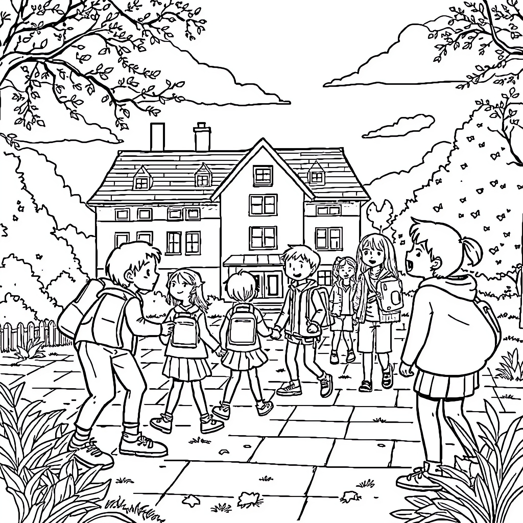 Students exploring the school grounds on a sunny day Coloring Page (free black-and-white line drawing printable PDF for all, from beginners to advanced learners, including children, teens, adults, and seniors)