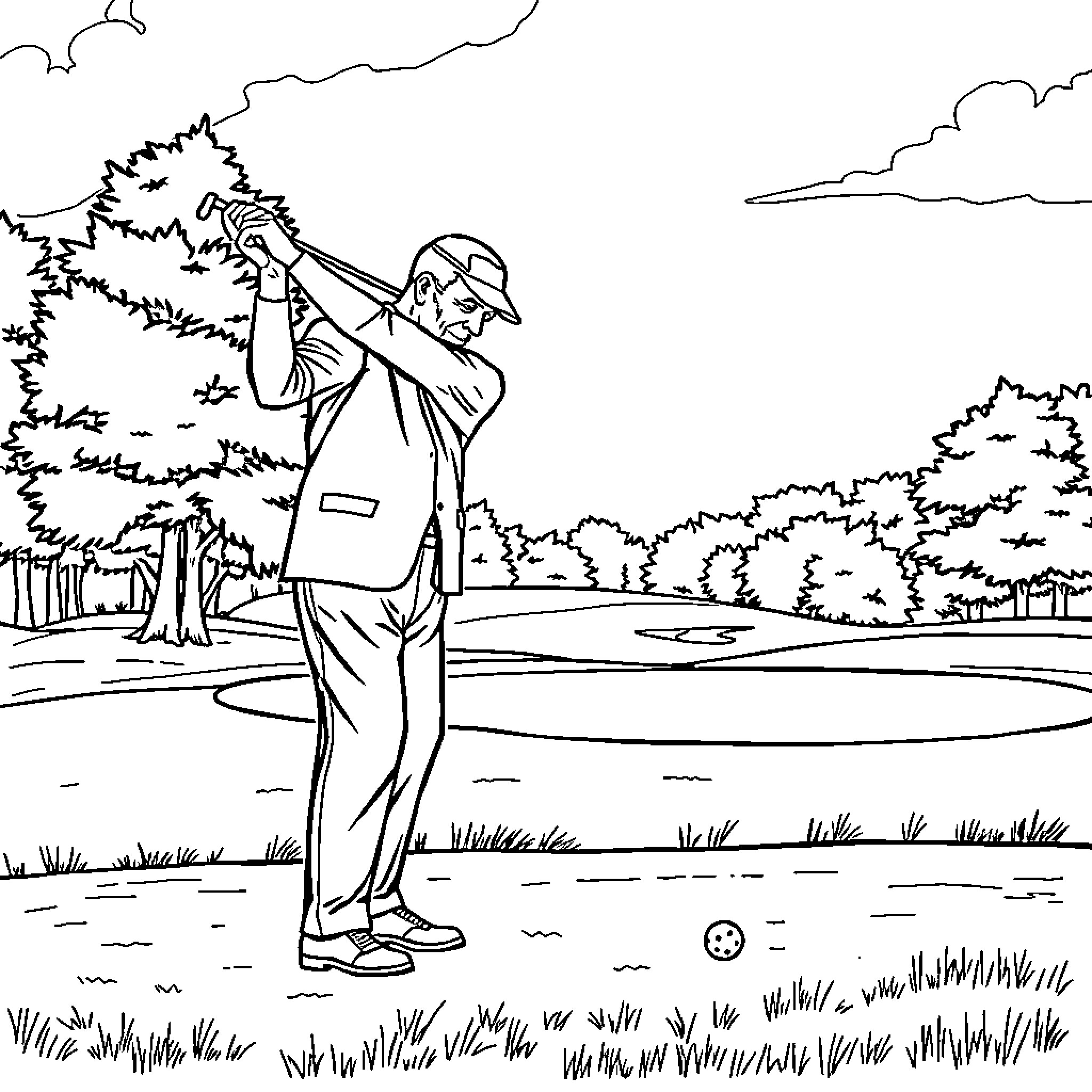 Eisenhower golfing on a scenic outdoor course Coloring Page (free black-and-white line drawing printable PDF for all, from beginners to advanced learners, including children, teens, adults, and seniors)