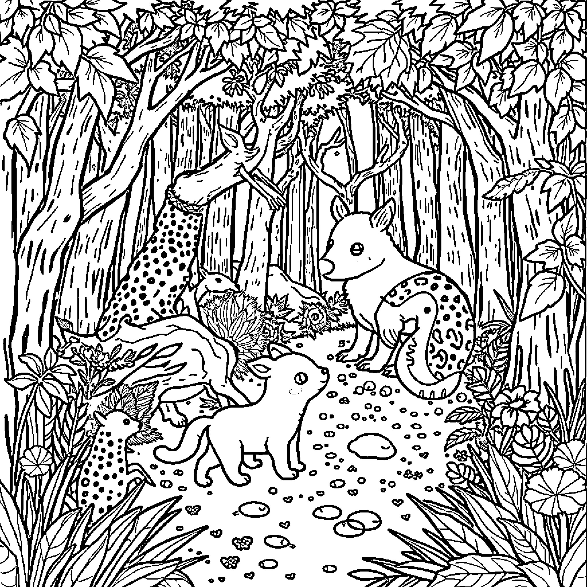 Animals exploring the enchanted forest Coloring Page (free black-and-white line drawing printable PDF for all, from beginners to advanced learners, including children, teens, adults, and seniors)