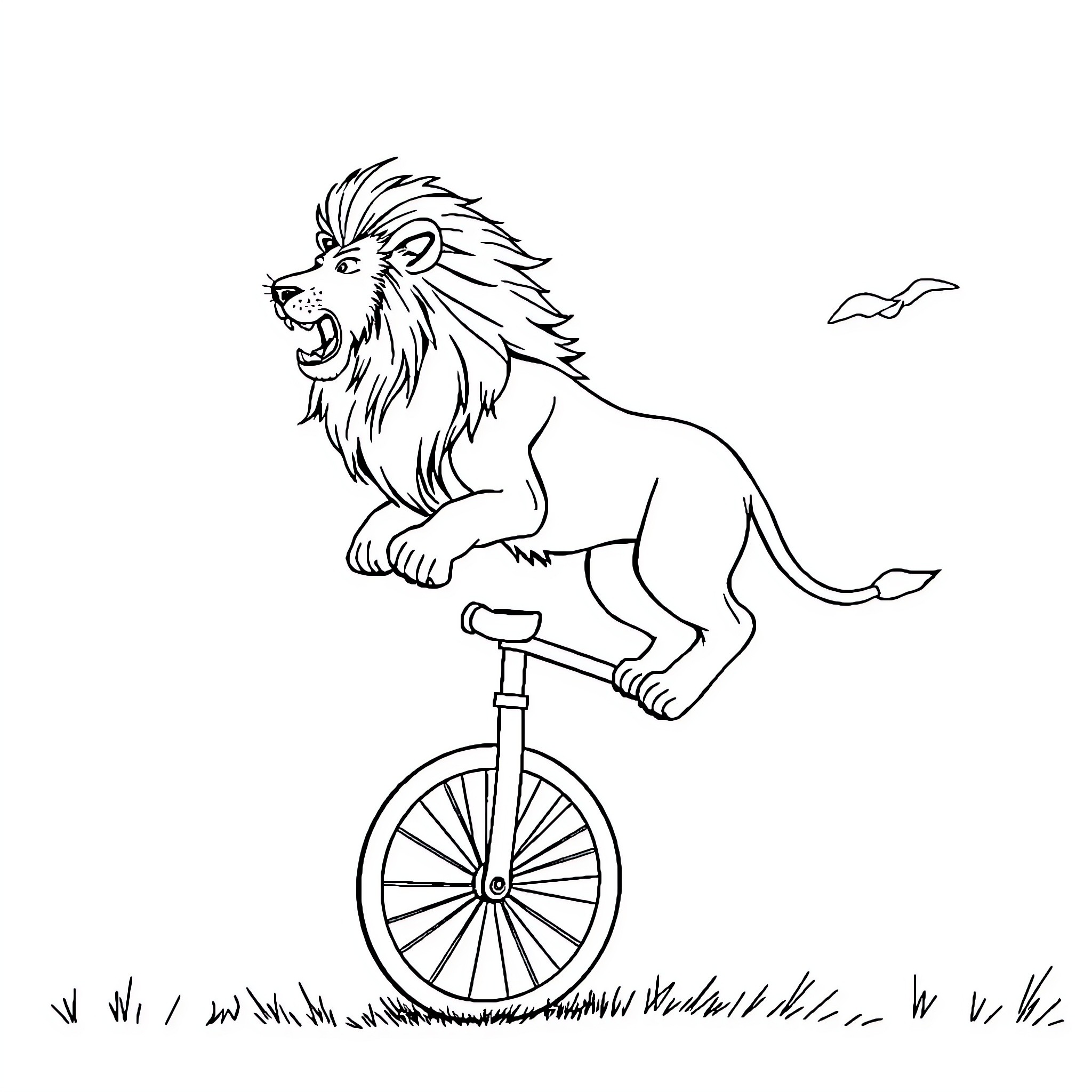 Lion riding unicycle in the wild Coloring Page (free black-and-white line drawing printable PDF for all, from beginners to advanced learners, including children, teens, adults, and seniors)