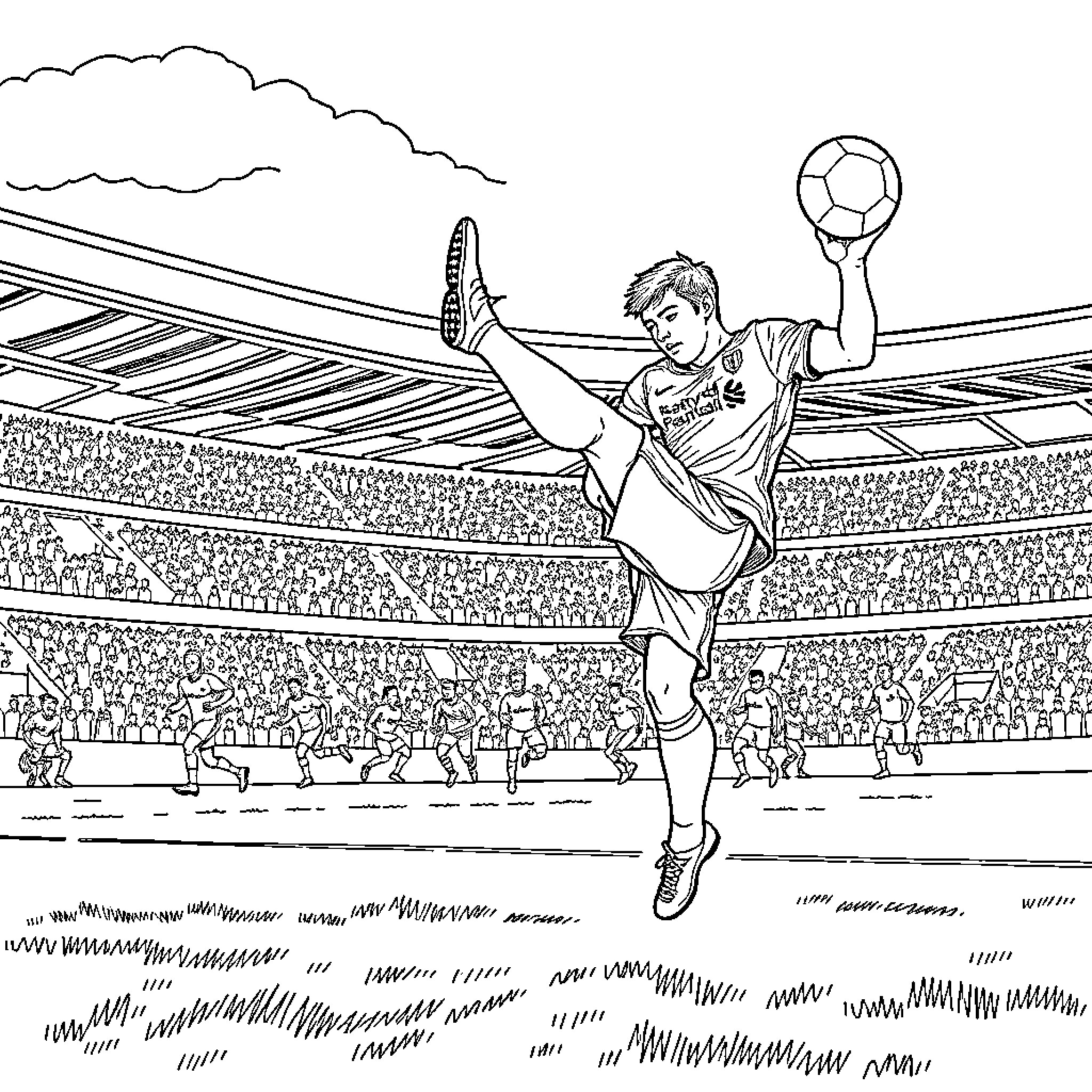 Footballer taking a kick on the field Coloring Page (free black-and-white line drawing printable PDF for all, from beginners to advanced learners, including children, teens, adults, and seniors)