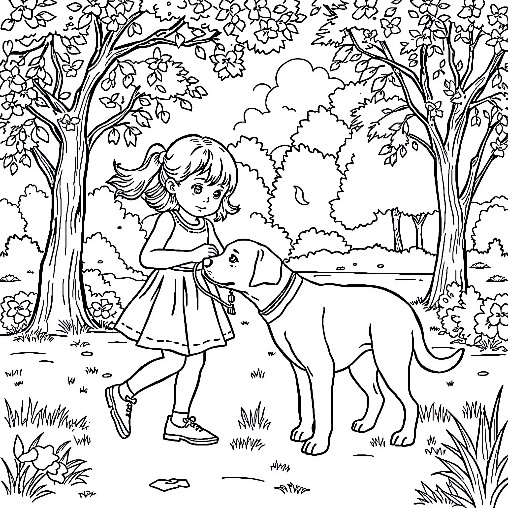 Girl playing with her dog in the forest Coloring Page (free black-and-white line drawing printable PDF for all, from beginners to advanced learners, including children, teens, adults, and seniors)