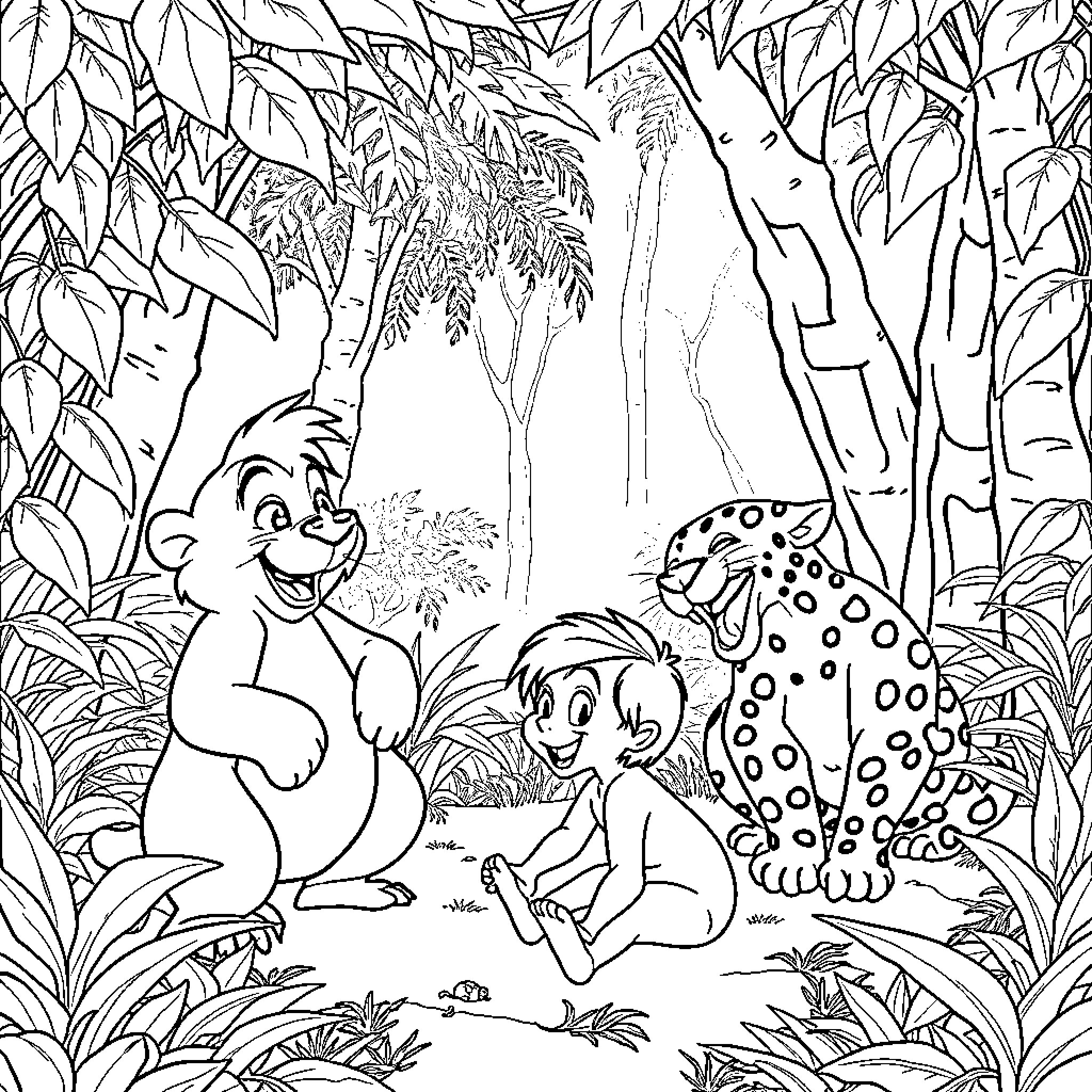 Mowgli interacting with jungle animals Coloring Page (free black-and-white line drawing printable PDF for all, from beginners to advanced learners, including children, teens, adults, and seniors)