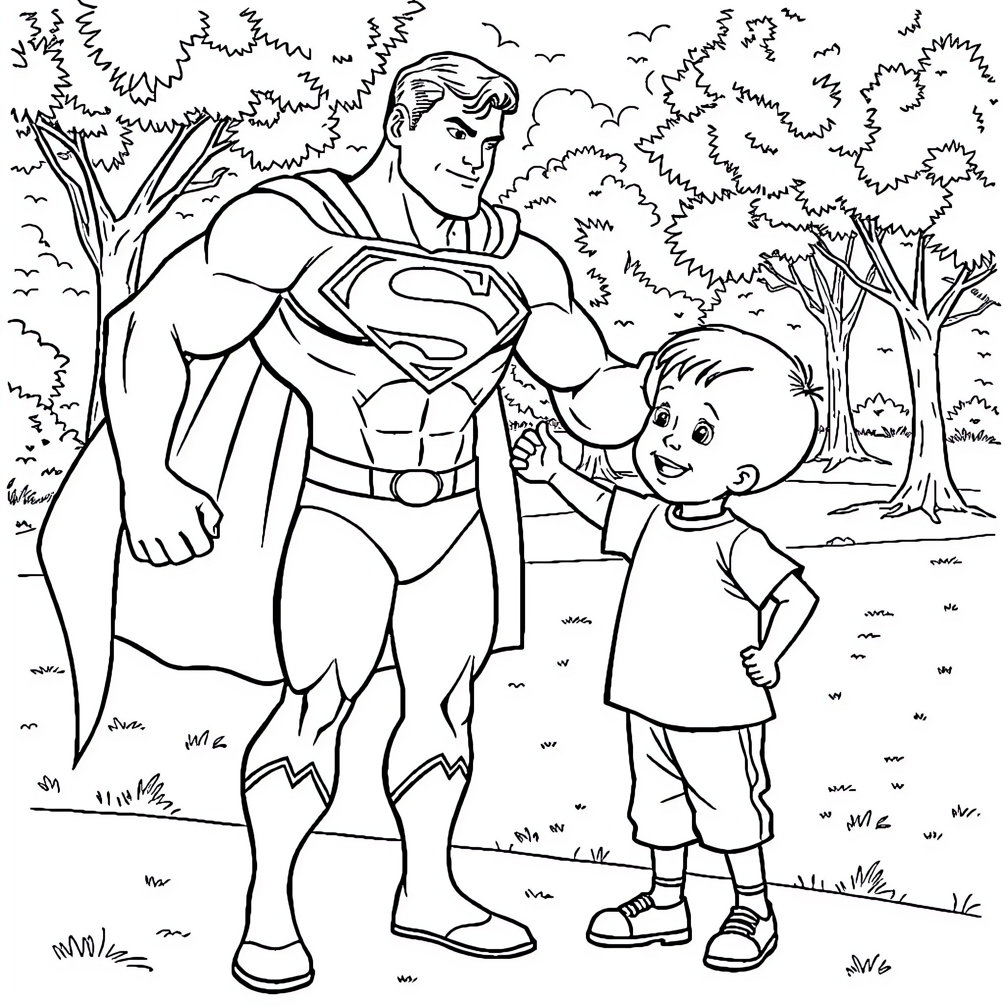 Superman helping a young boy in the park Coloring Page (free black-and-white line drawing printable PDF for all, from beginners to advanced learners, including children, teens, adults, and seniors)