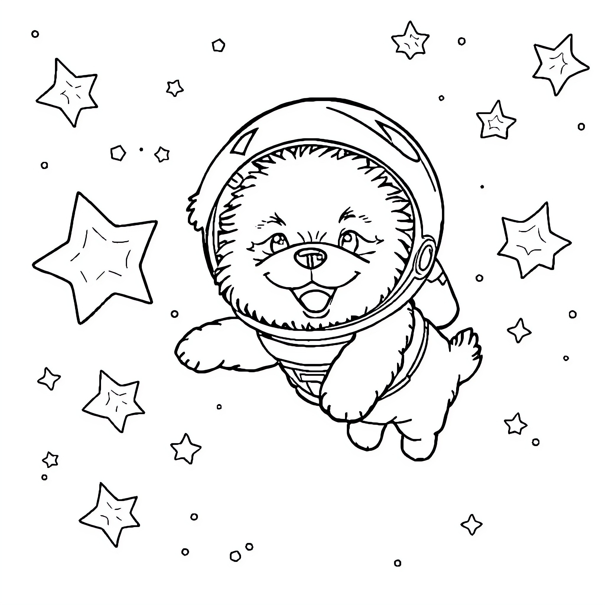 Dog astronaut floating in space with stars Coloring Page (free black-and-white line drawing printable PDF for all, from beginners to advanced learners, including children, teens, adults, and seniors)