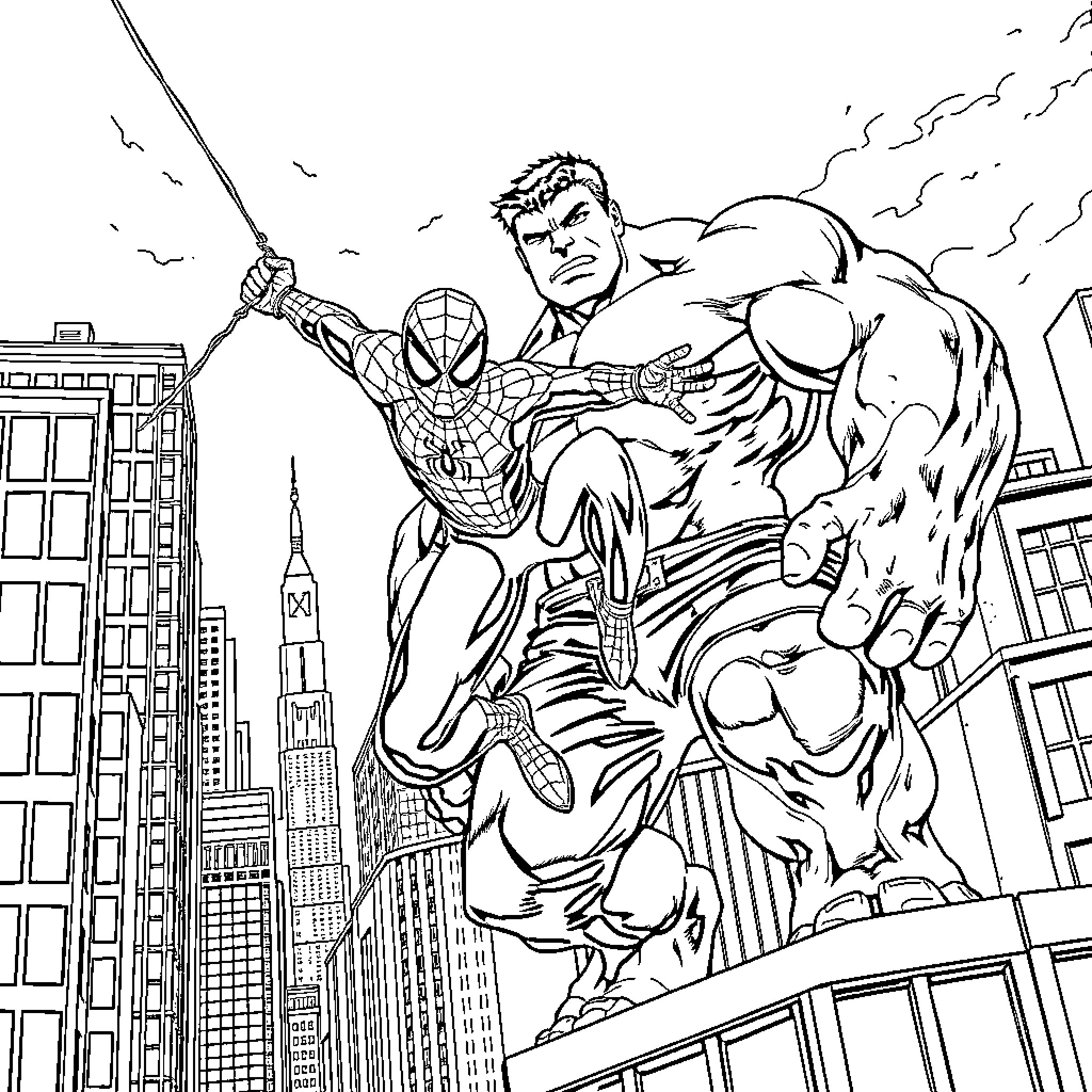 Spider-Man and Hulk battle in the city Coloring Page (free black-and-white line drawing printable PDF for all, from beginners to advanced learners, including children, teens, adults, and seniors)